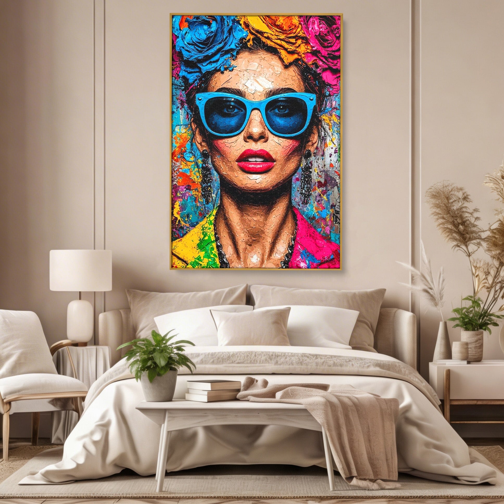 Tablou Canvas Premium LuxCanva® PI1354, Femeie Cu Ochelari, Portret, Lux, Moda, Modern, Culori Vibrante, Living, Dormitor, Salon
