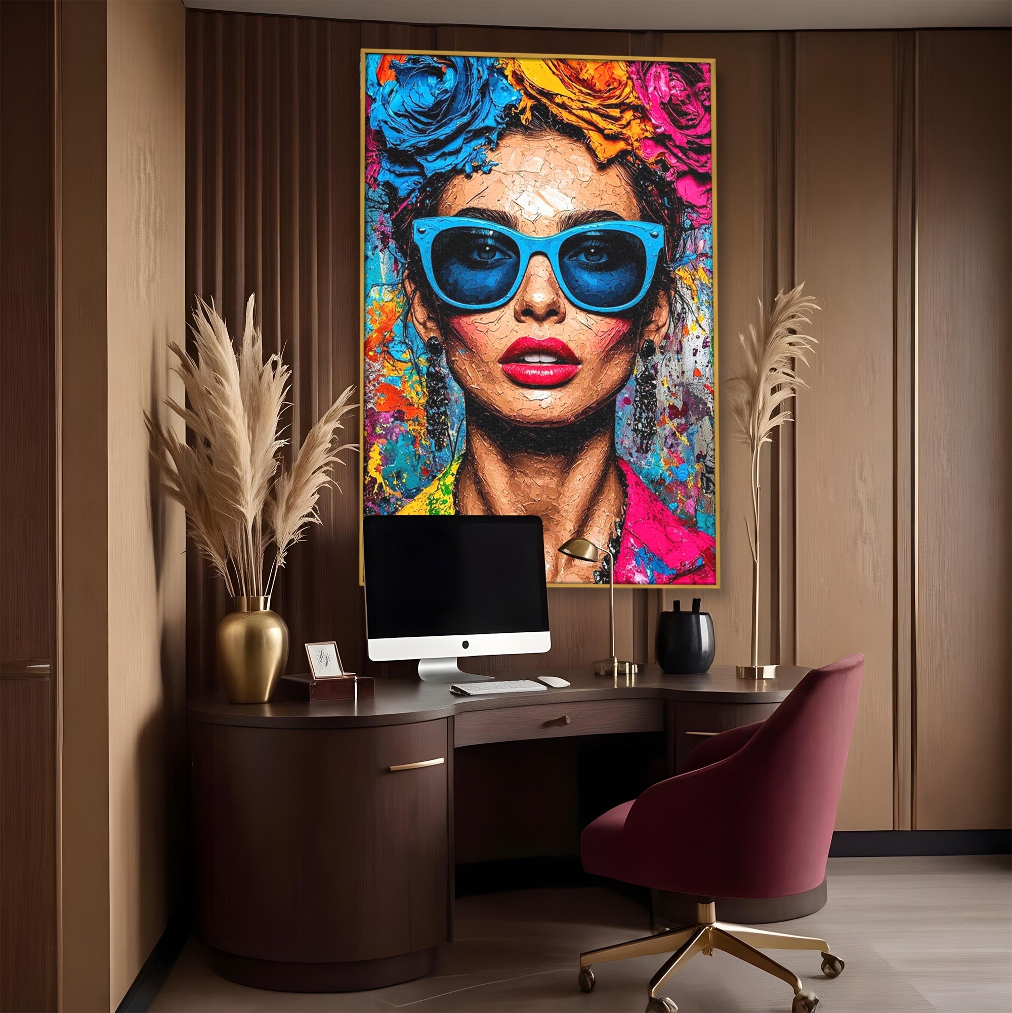 Tablou Canvas Premium LuxCanva® PI1354, Femeie Cu Ochelari, Portret, Lux, Moda, Modern, Culori Vibrante, Living, Dormitor, Salon