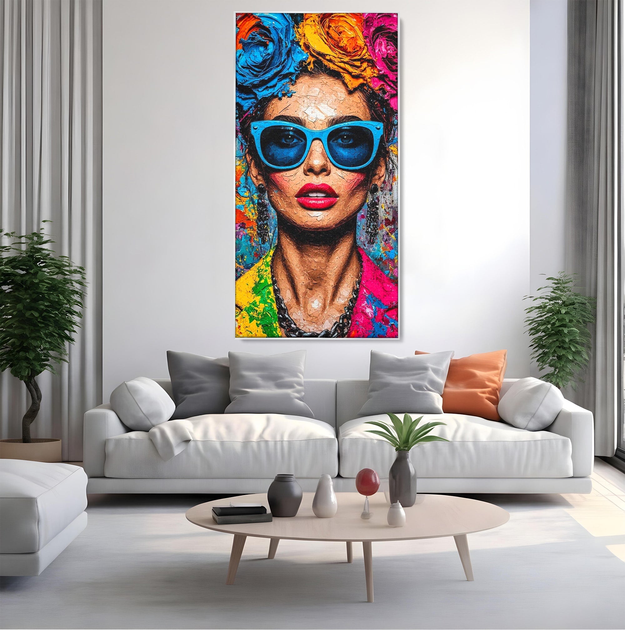 Tablou Canvas Premium LuxCanva® PI1354, Femeie Cu Ochelari, Portret, Lux, Moda, Modern, Culori Vibrante, Living, Dormitor, Salon