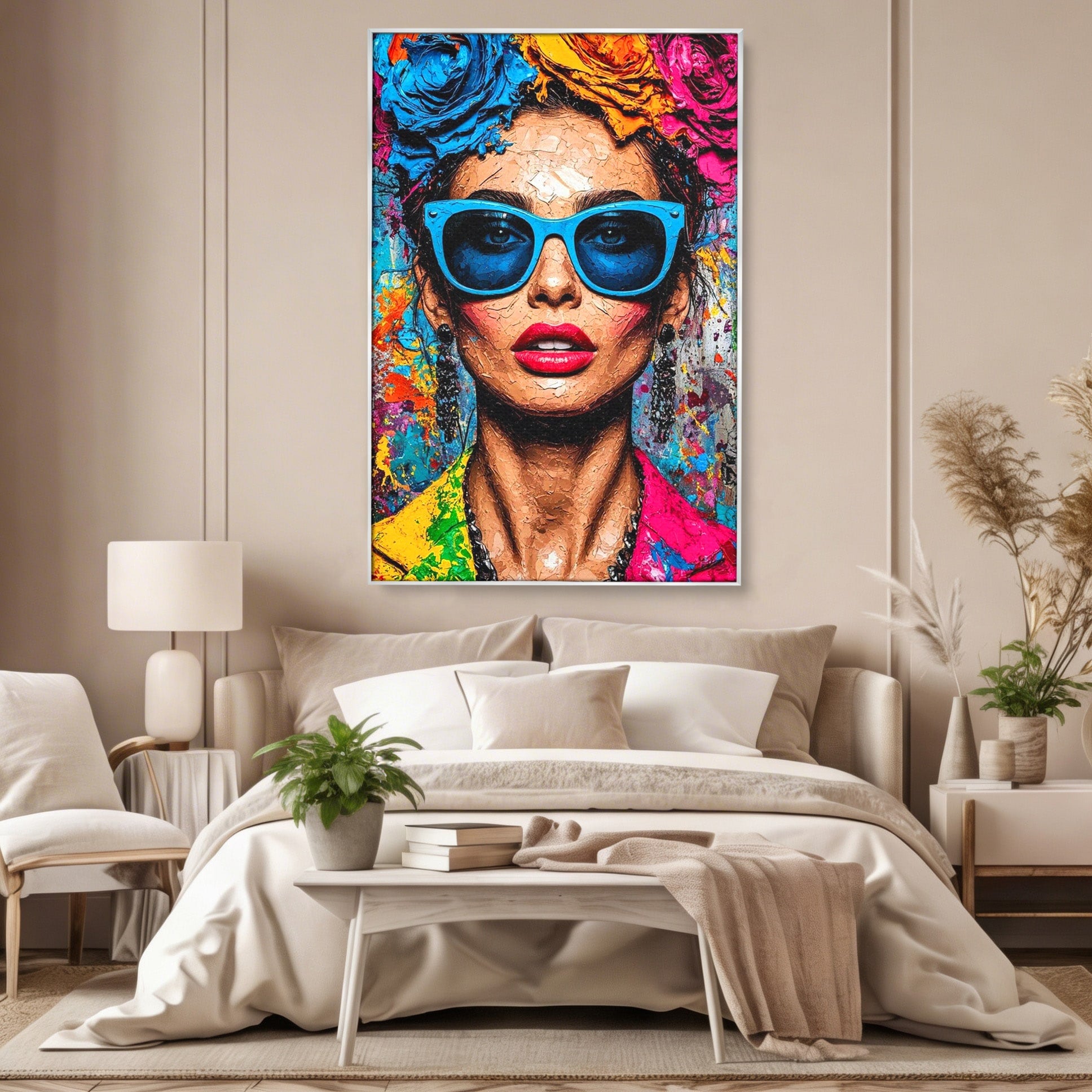 Tablou Canvas Premium LuxCanva® PI1354, Femeie Cu Ochelari, Portret, Lux, Moda, Modern, Culori Vibrante, Living, Dormitor, Salon