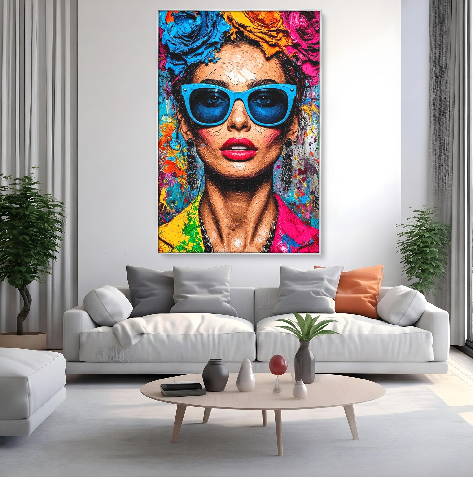 Tablou Canvas Premium LuxCanva® PI1354, Femeie Cu Ochelari, Portret, Lux, Moda, Modern, Culori Vibrante, Living, Dormitor, Salon