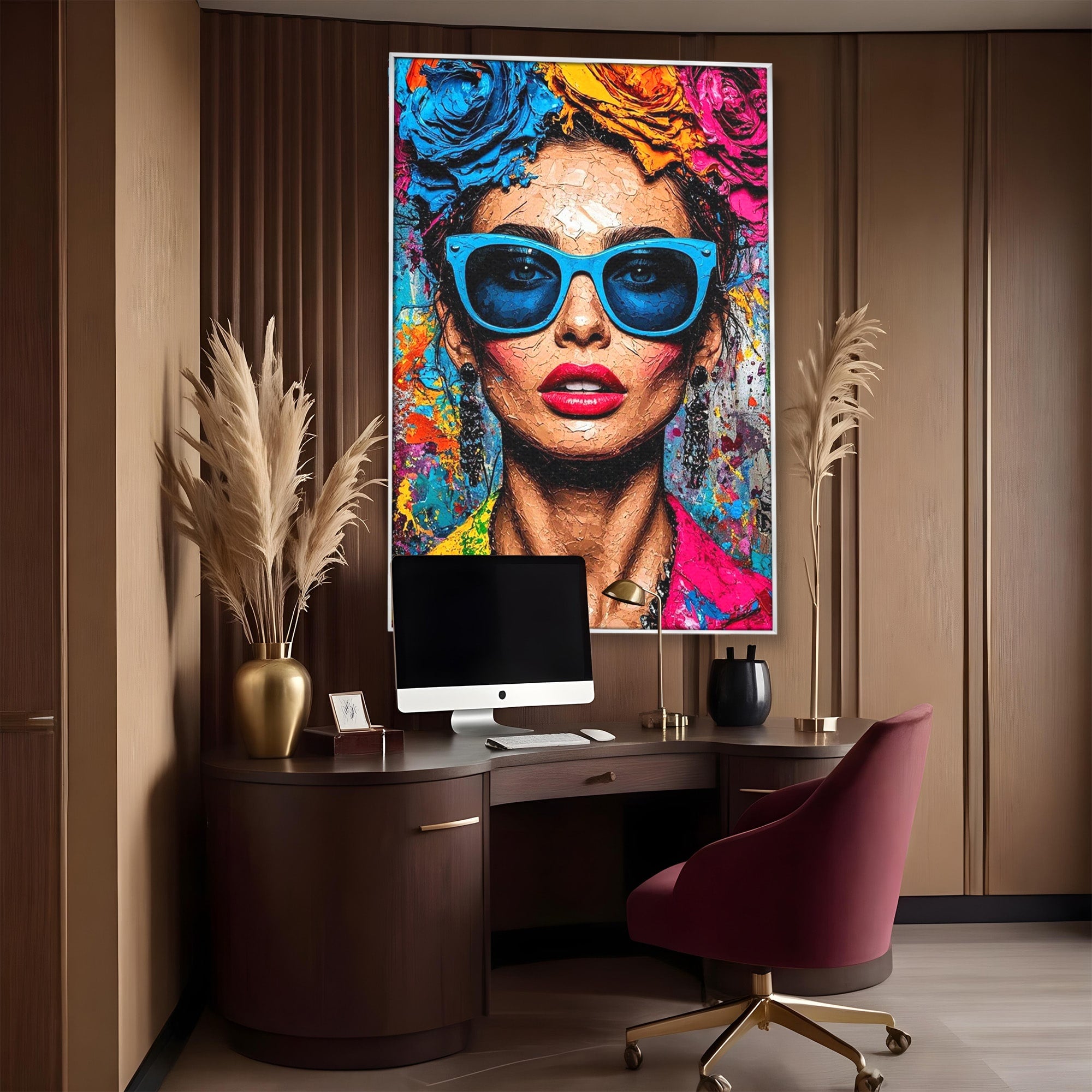 Tablou Canvas Premium LuxCanva® PI1354, Femeie Cu Ochelari, Portret, Lux, Moda, Modern, Culori Vibrante, Living, Dormitor, Salon