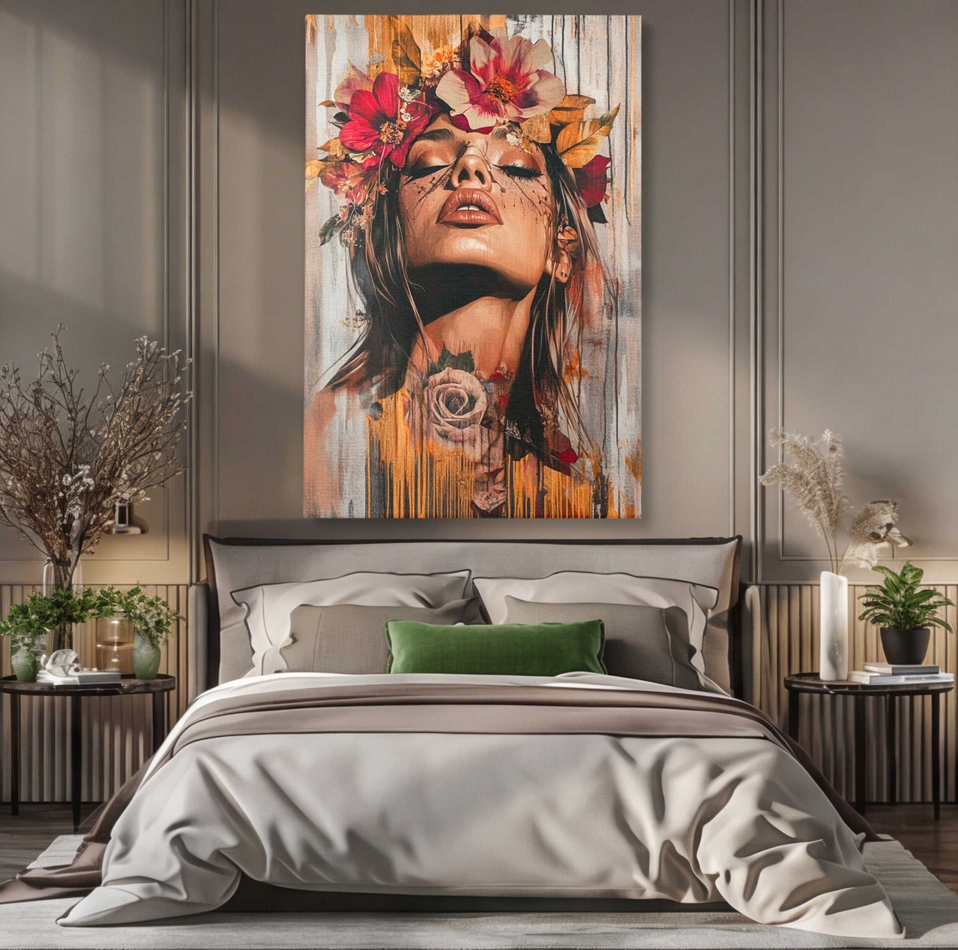 Tablou Canvas Premium LuxCanva® PI1355, Muza Boema, Floare, Feminitate, Coroana, Arta, Culori Vibrante, Living, Dormitor, Salon
