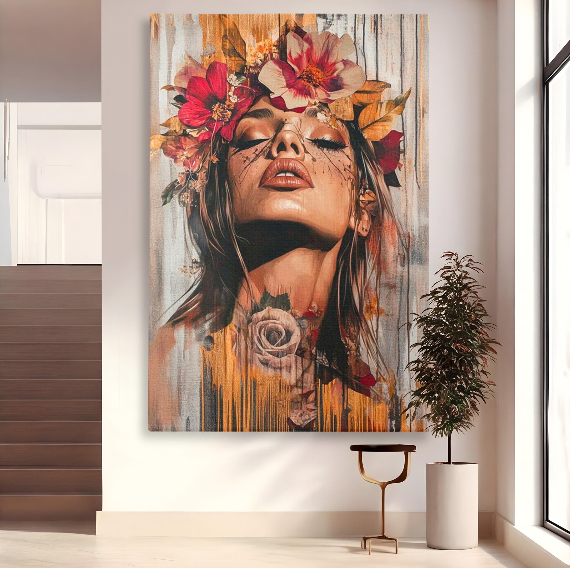 Tablou Canvas Premium LuxCanva® PI1355, Muza Boema, Floare, Feminitate, Coroana, Arta, Culori Vibrante, Living, Dormitor, Salon