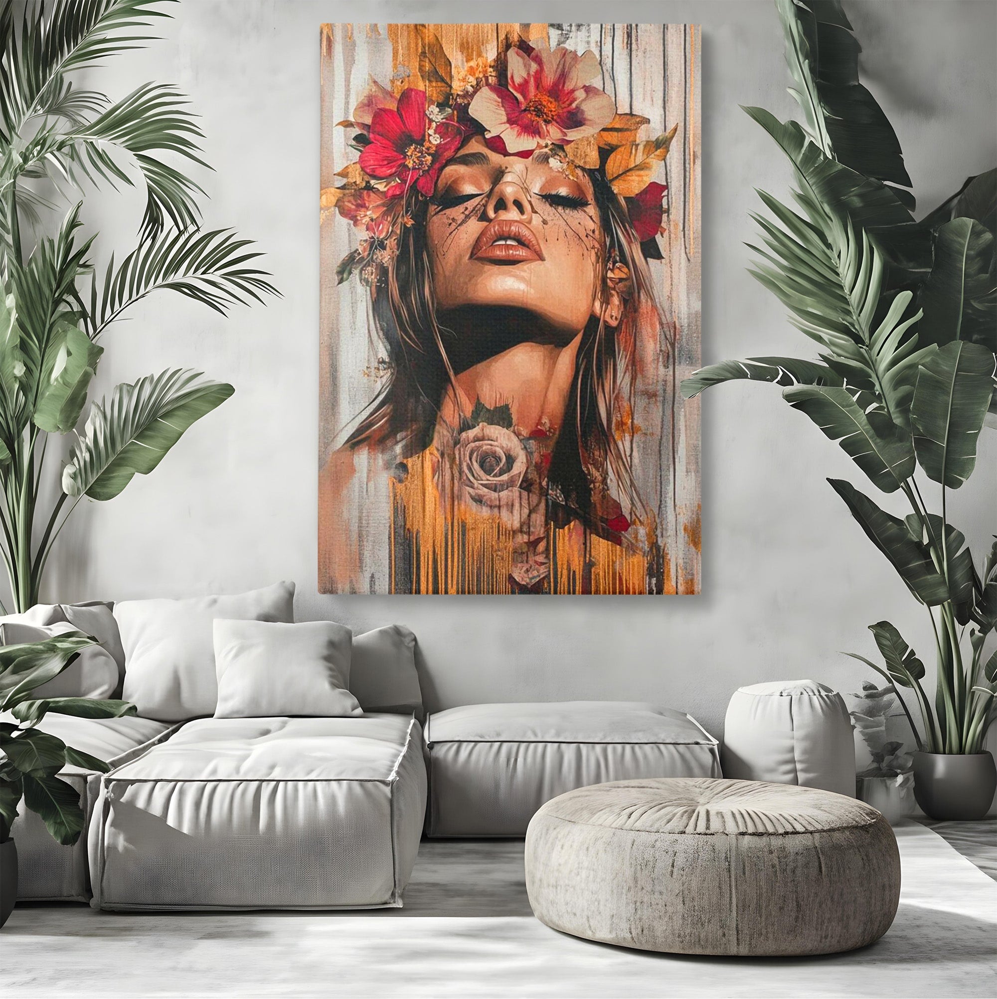 Tablou Canvas Premium LuxCanva® PI1355, Muza Boema, Floare, Feminitate, Coroana, Arta, Culori Vibrante, Living, Dormitor, Salon