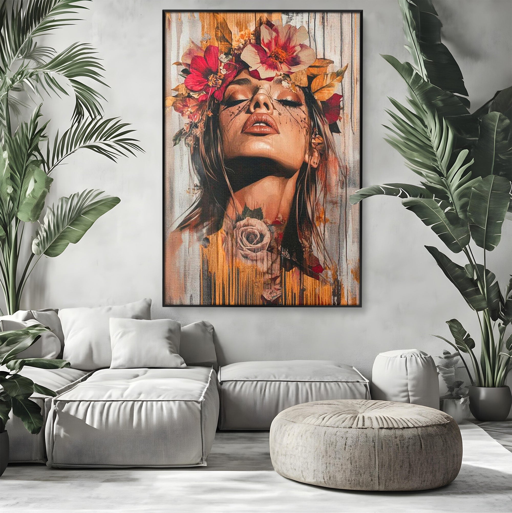 Tablou Canvas Premium LuxCanva® PI1355, Muza Boema, Floare, Feminitate, Coroana, Arta, Culori Vibrante, Living, Dormitor, Salon