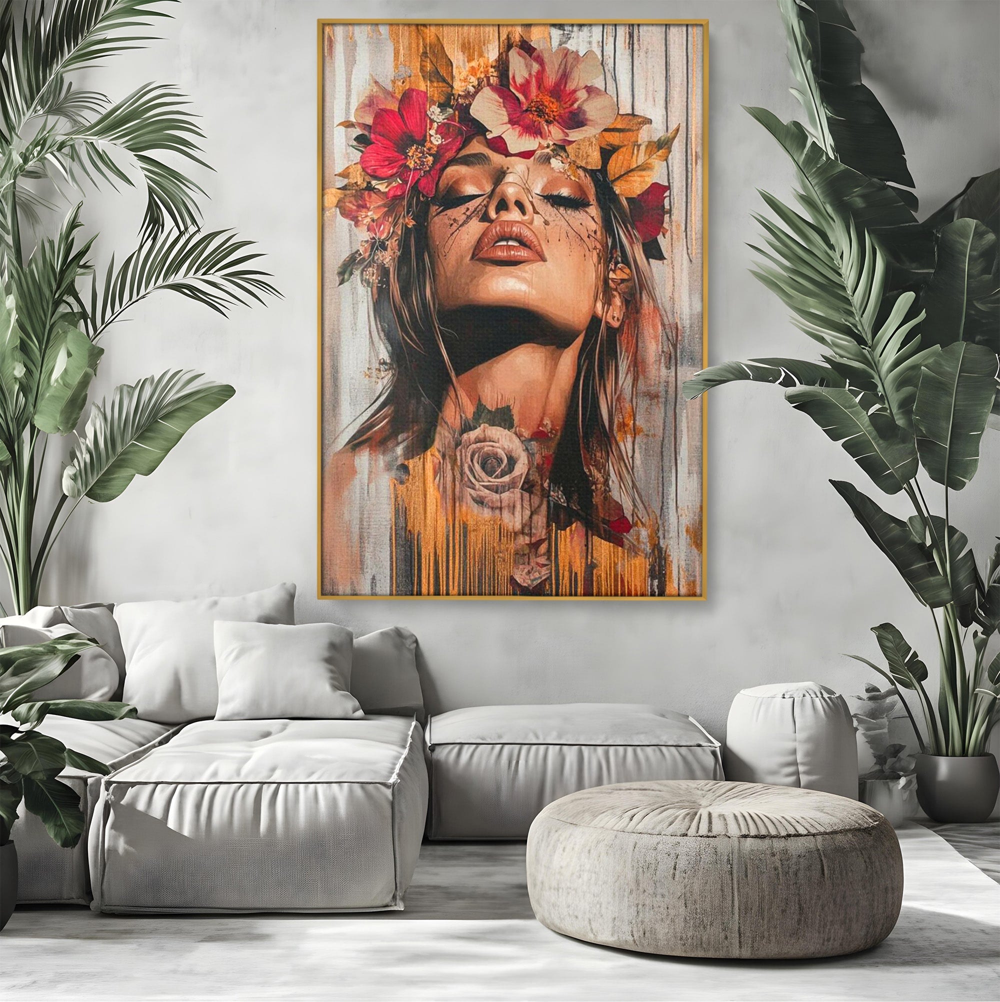 Tablou Canvas Premium LuxCanva® PI1355, Muza Boema, Floare, Feminitate, Coroana, Arta, Culori Vibrante, Living, Dormitor, Salon