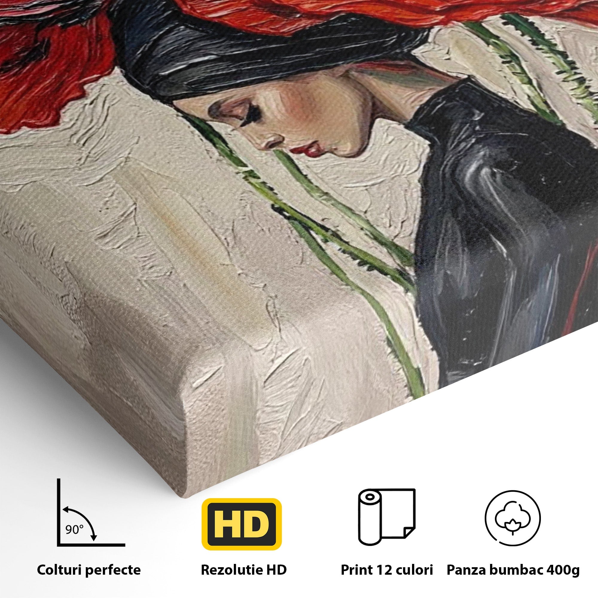 Tablou Canvas Premium LuxCanva® PI1356, Silueta Printre Maci, Femeie, Flori, Buchet, Eleganta, Rosu, Culori Vibrante, Living, Dormitor, Salon