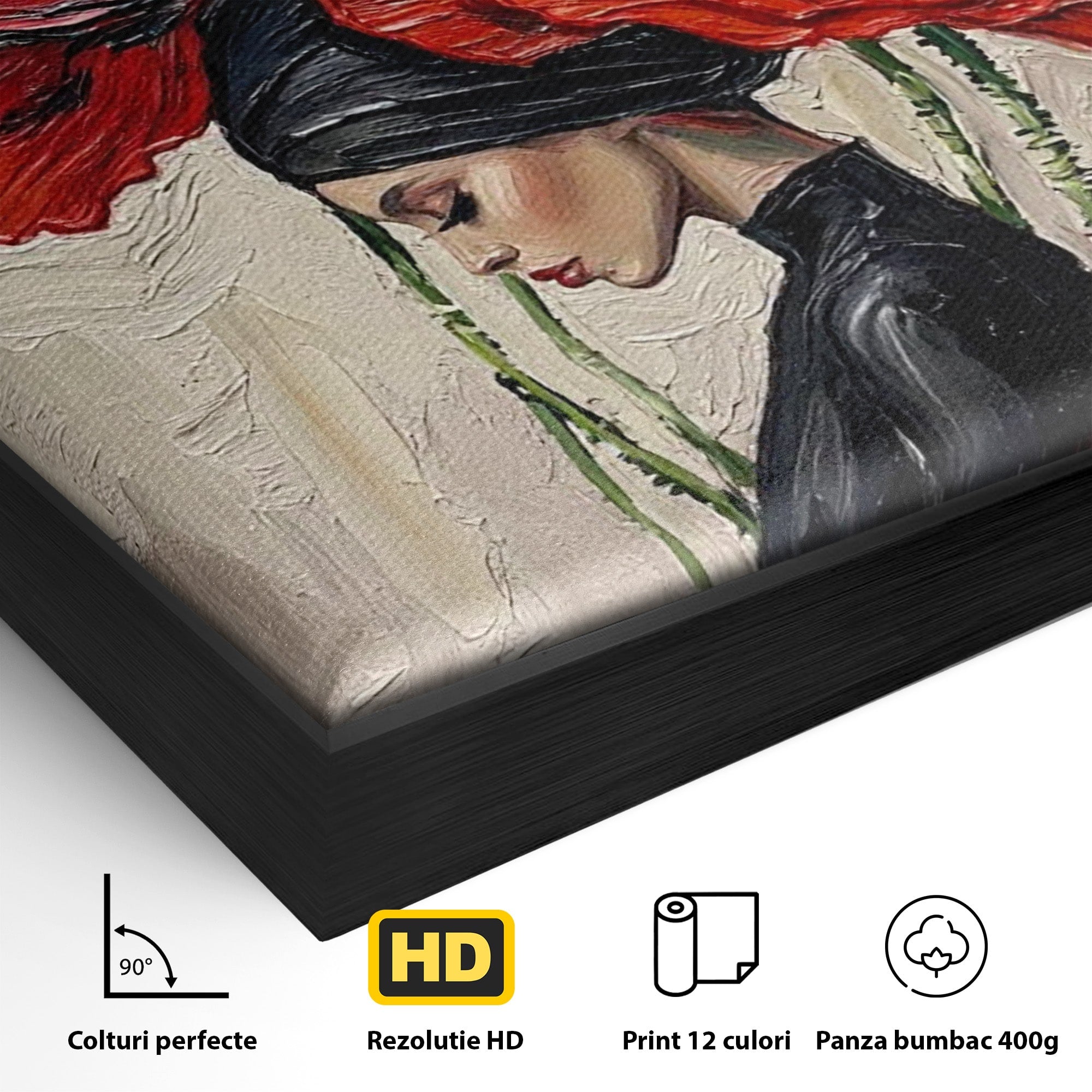 Tablou Canvas Premium LuxCanva® PI1356, Silueta Printre Maci, Femeie, Flori, Buchet, Eleganta, Rosu, Culori Vibrante, Living, Dormitor, Salon