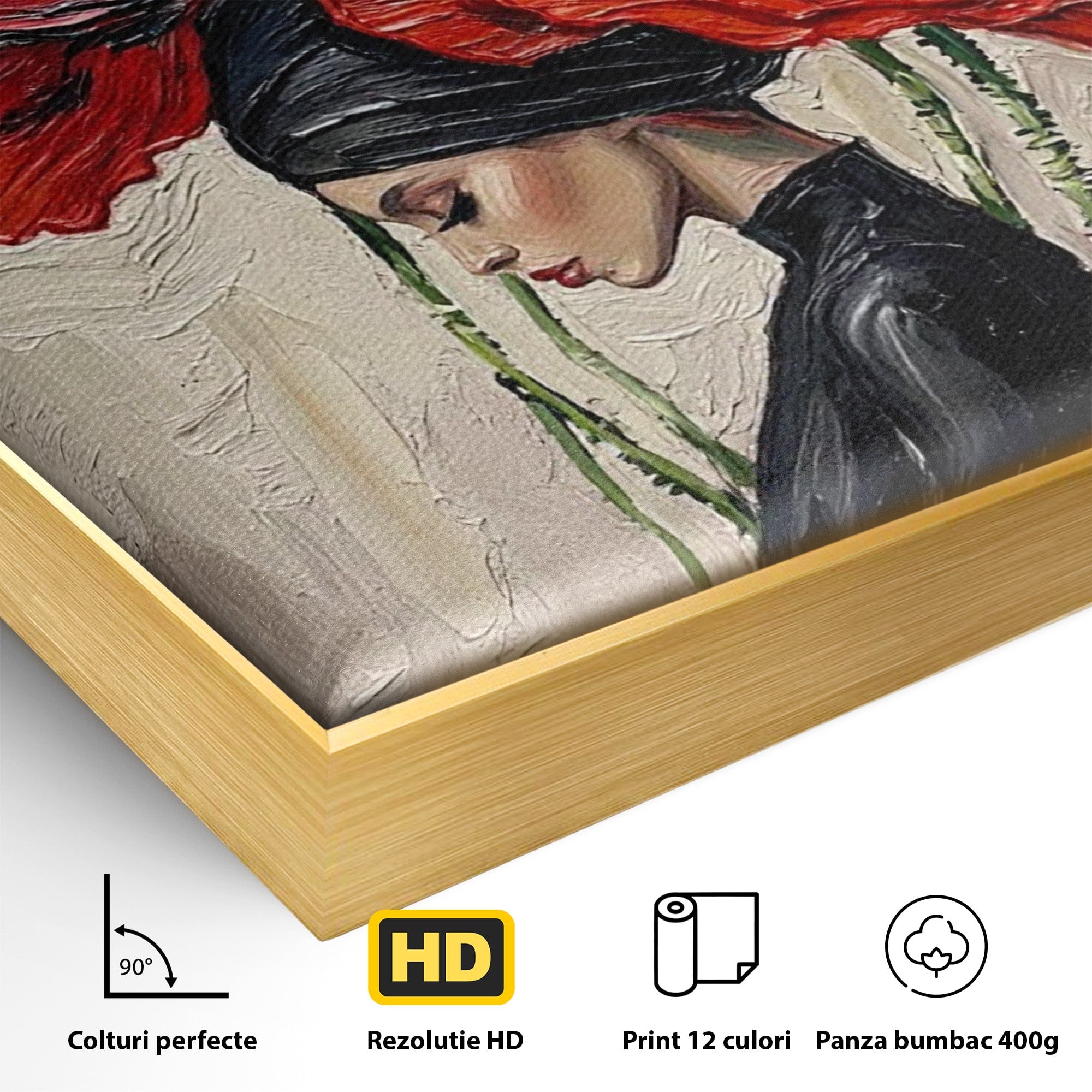 Tablou Canvas Premium LuxCanva® PI1356, Silueta Printre Maci, Femeie, Flori, Buchet, Eleganta, Rosu, Culori Vibrante, Living, Dormitor, Salon