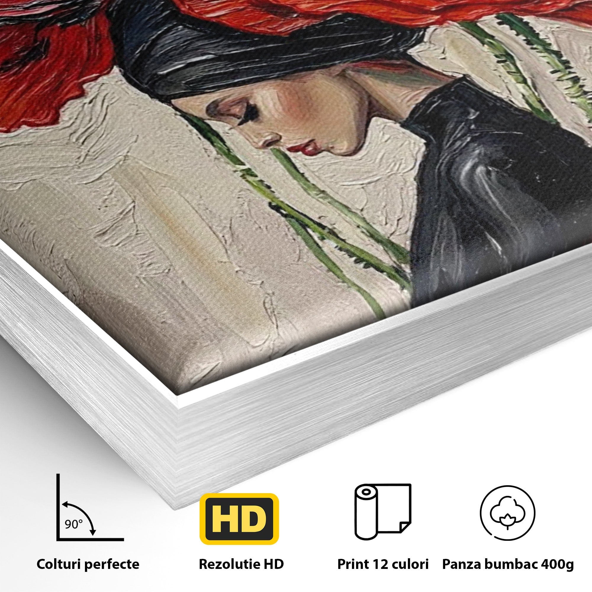 Tablou Canvas Premium LuxCanva® PI1356, Silueta Printre Maci, Femeie, Flori, Buchet, Eleganta, Rosu, Culori Vibrante, Living, Dormitor, Salon
