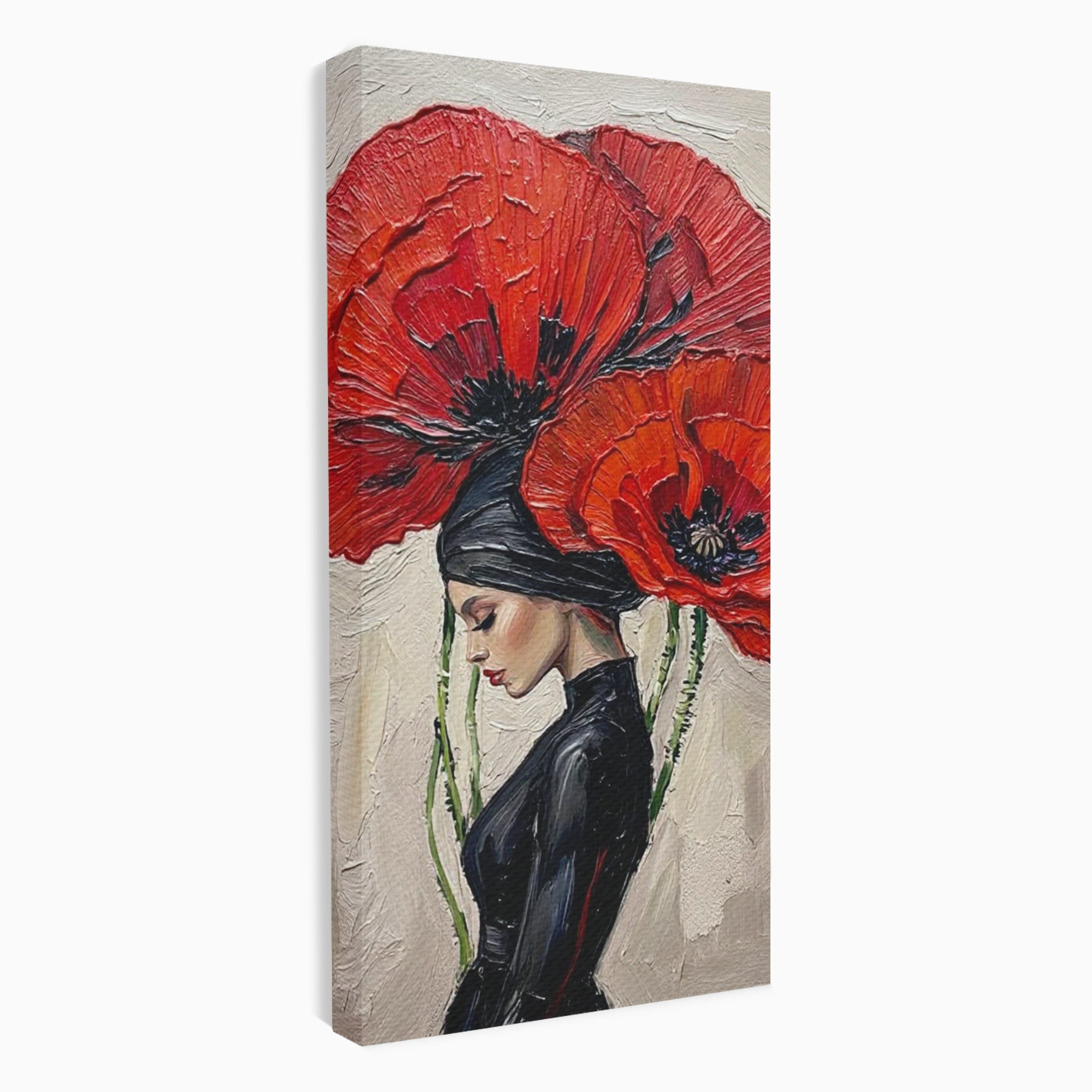 Tablou Canvas Premium LuxCanva® PI1356, Silueta Printre Maci, Femeie, Flori, Buchet, Eleganta, Rosu, Culori Vibrante, Living, Dormitor, Salon