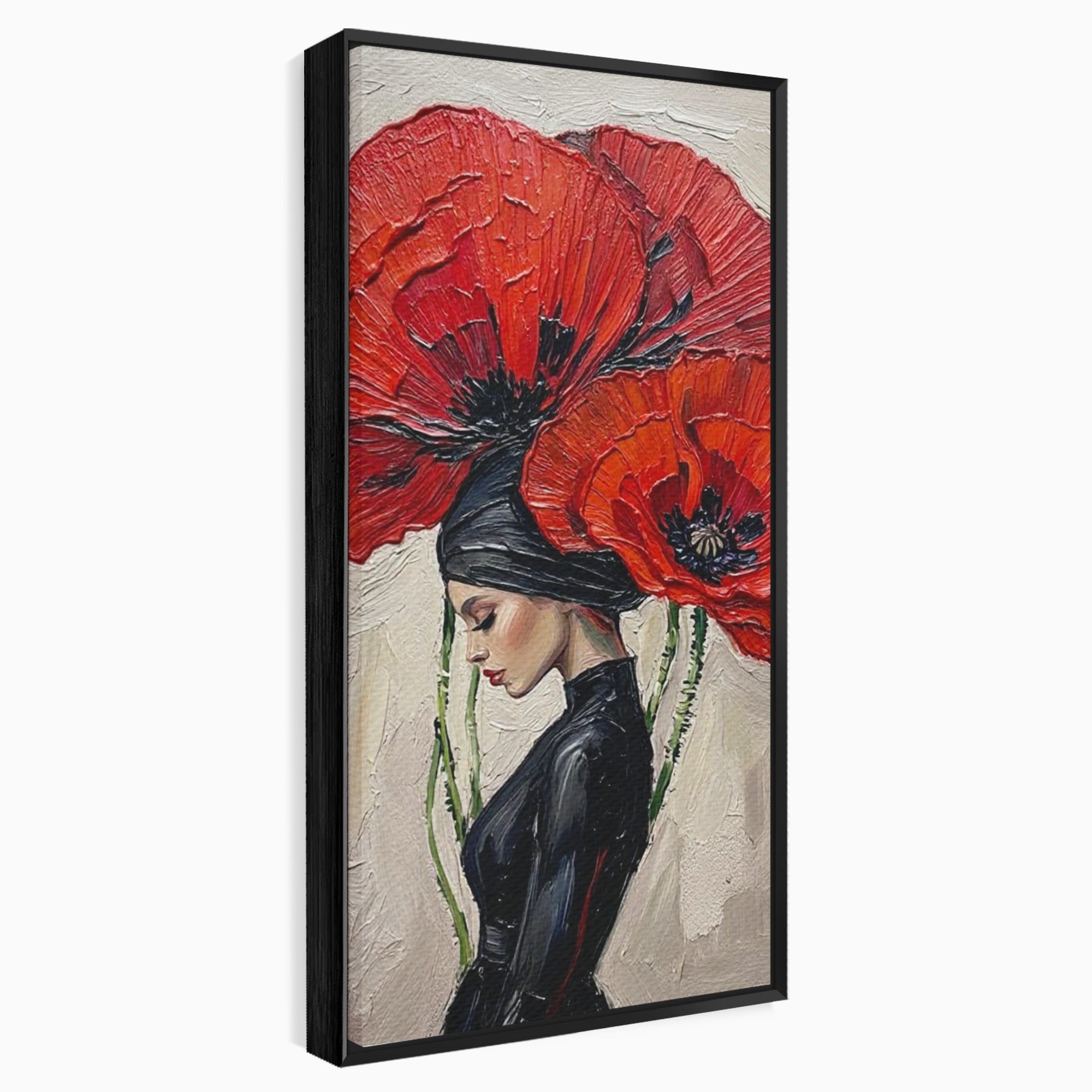 Tablou Canvas Premium LuxCanva® PI1356, Silueta Printre Maci, Femeie, Flori, Buchet, Eleganta, Rosu, Culori Vibrante, Living, Dormitor, Salon