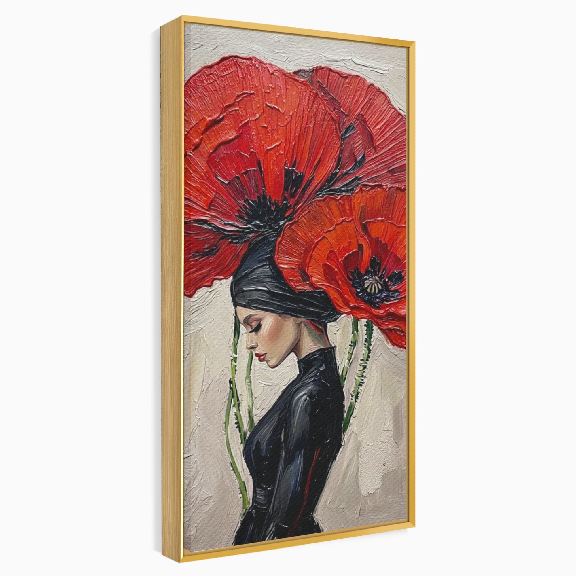Tablou Canvas Premium LuxCanva® PI1356, Silueta Printre Maci, Femeie, Flori, Buchet, Eleganta, Rosu, Culori Vibrante, Living, Dormitor, Salon