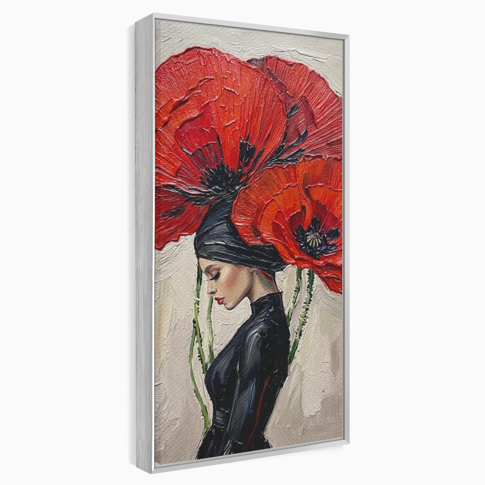 Tablou Canvas Premium LuxCanva® PI1356, Silueta Printre Maci, Femeie, Flori, Buchet, Eleganta, Rosu, Culori Vibrante, Living, Dormitor, Salon