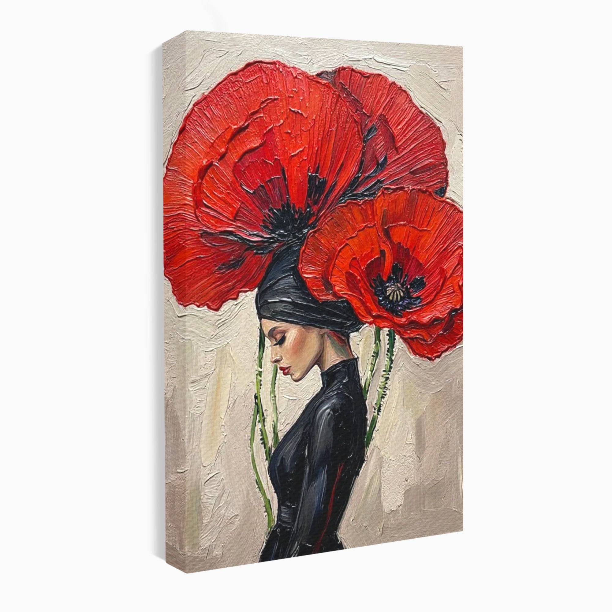 Tablou Canvas Premium LuxCanva® PI1356, Silueta Printre Maci, Femeie, Flori, Buchet, Eleganta, Rosu, Culori Vibrante, Living, Dormitor, Salon
