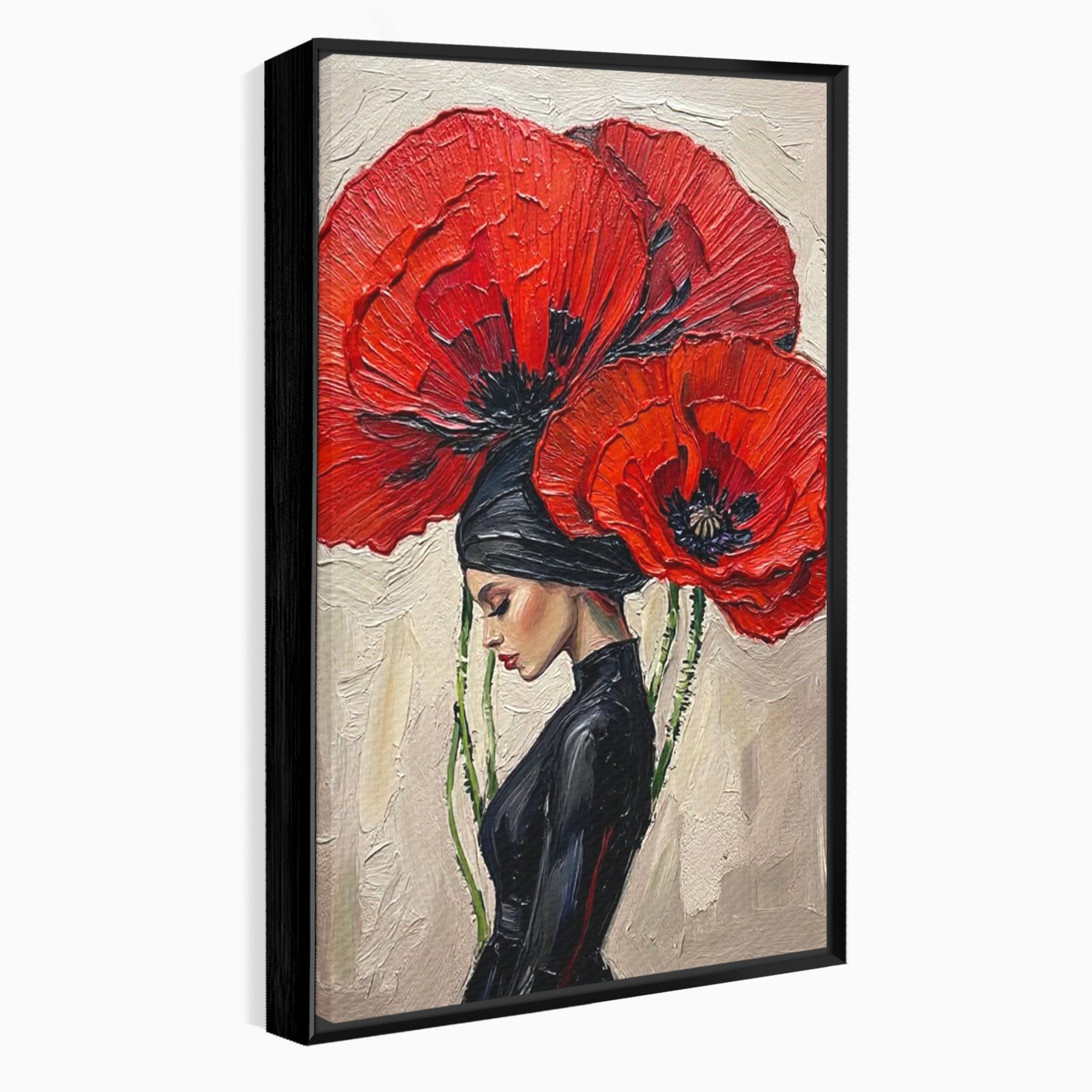 Tablou Canvas Premium LuxCanva® PI1356, Silueta Printre Maci, Femeie, Flori, Buchet, Eleganta, Rosu, Culori Vibrante, Living, Dormitor, Salon
