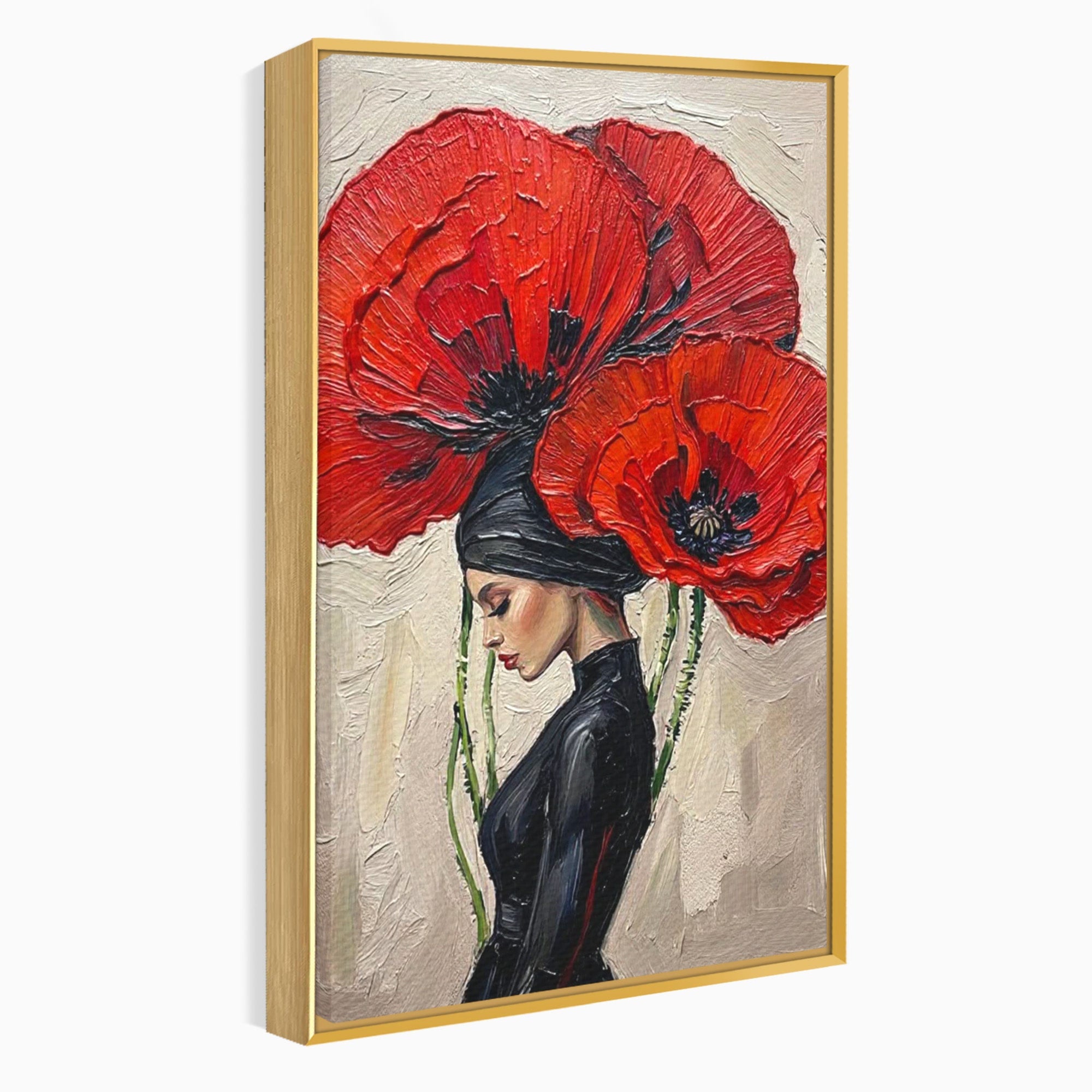 Tablou Canvas Premium LuxCanva® PI1356, Silueta Printre Maci, Femeie, Flori, Buchet, Eleganta, Rosu, Culori Vibrante, Living, Dormitor, Salon