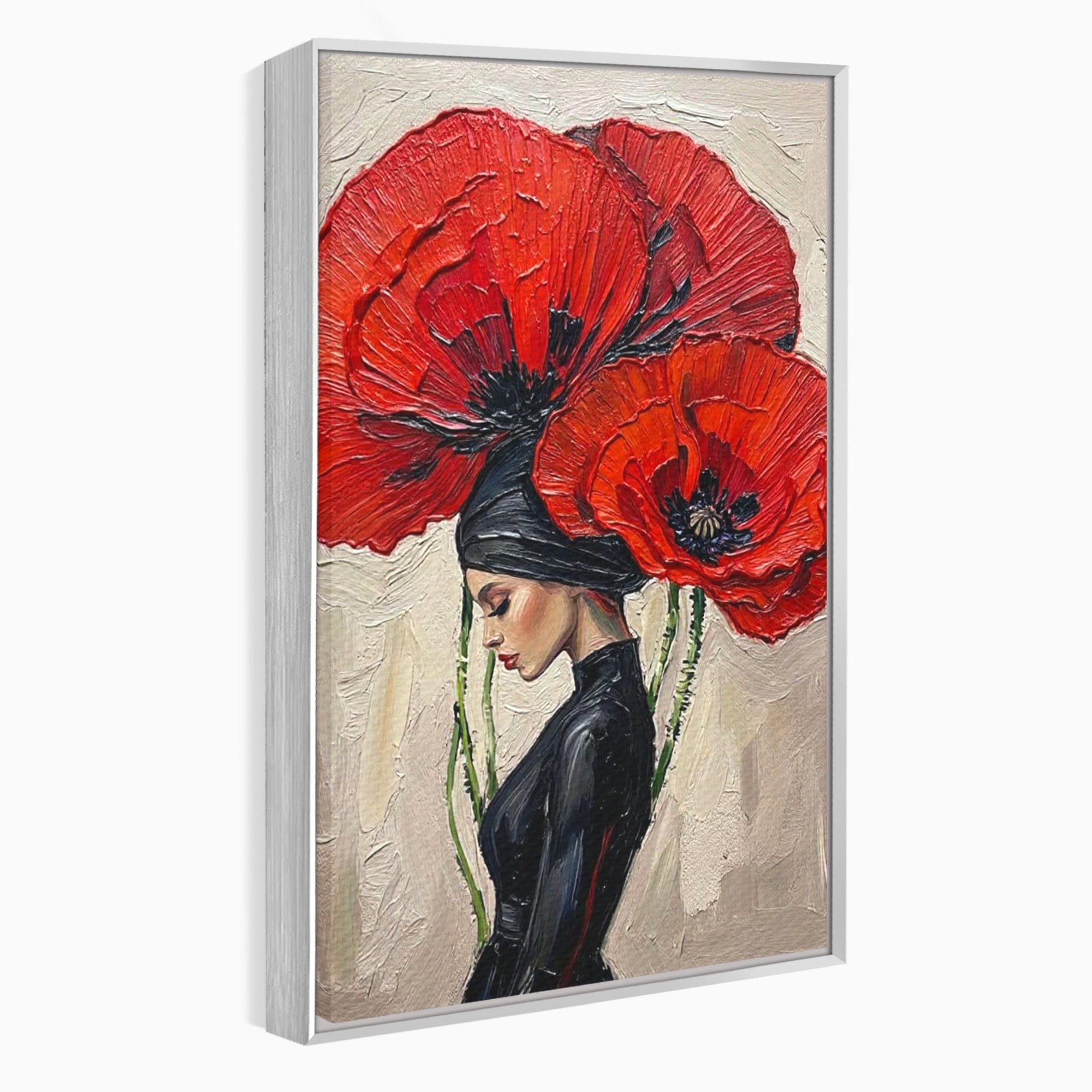 Tablou Canvas Premium LuxCanva® PI1356, Silueta Printre Maci, Femeie, Flori, Buchet, Eleganta, Rosu, Culori Vibrante, Living, Dormitor, Salon
