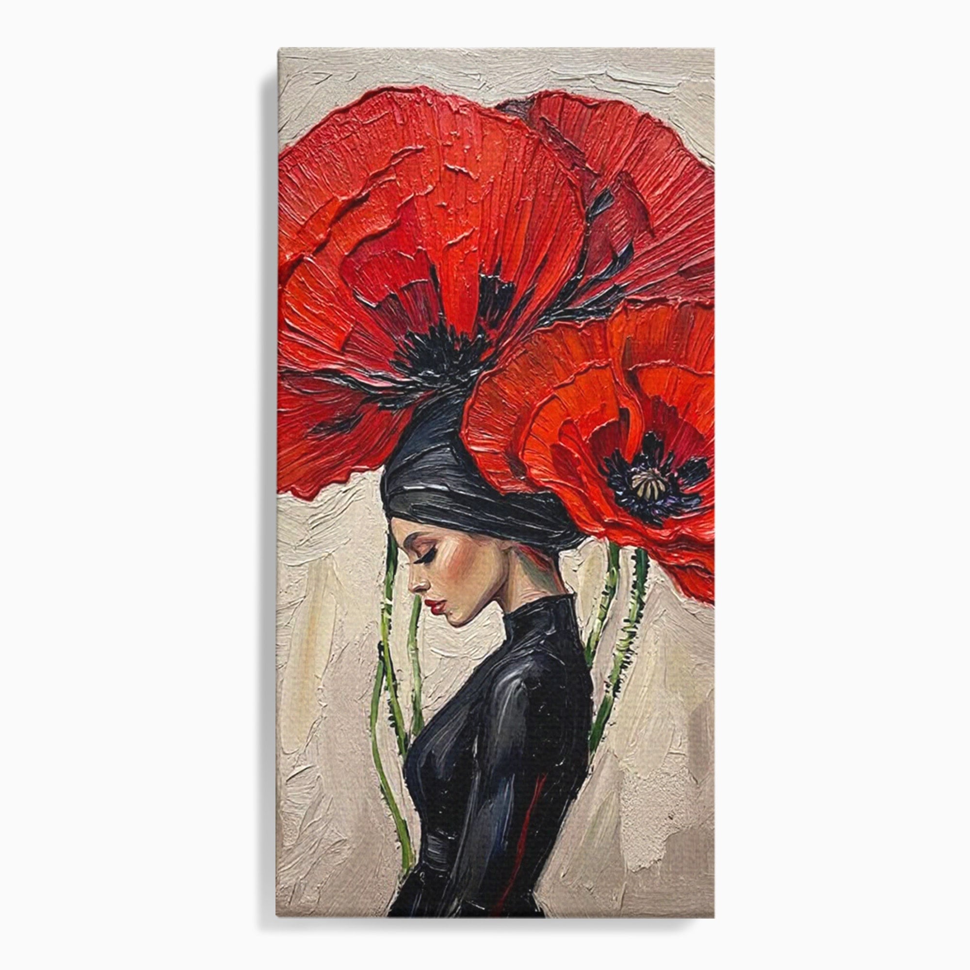 Tablou Canvas Premium LuxCanva® PI1356, Silueta Printre Maci, Femeie, Flori, Buchet, Eleganta, Rosu, Culori Vibrante, Living, Dormitor, Salon
