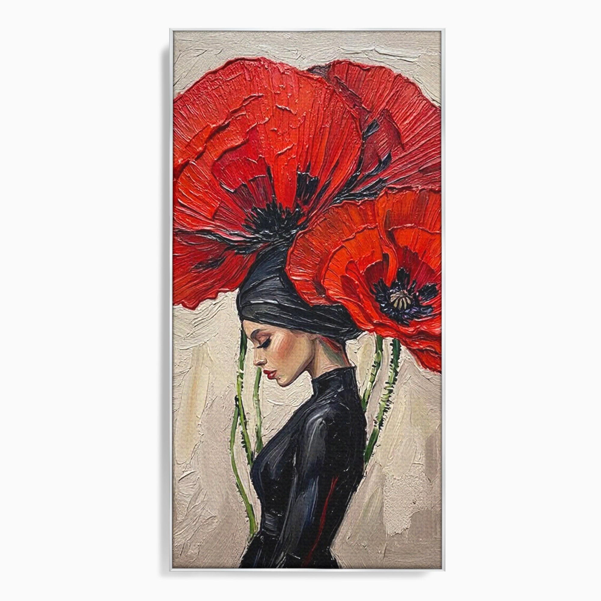 Tablou Canvas Premium LuxCanva® PI1356, Silueta Printre Maci, Femeie, Flori, Buchet, Eleganta, Rosu, Culori Vibrante, Living, Dormitor, Salon