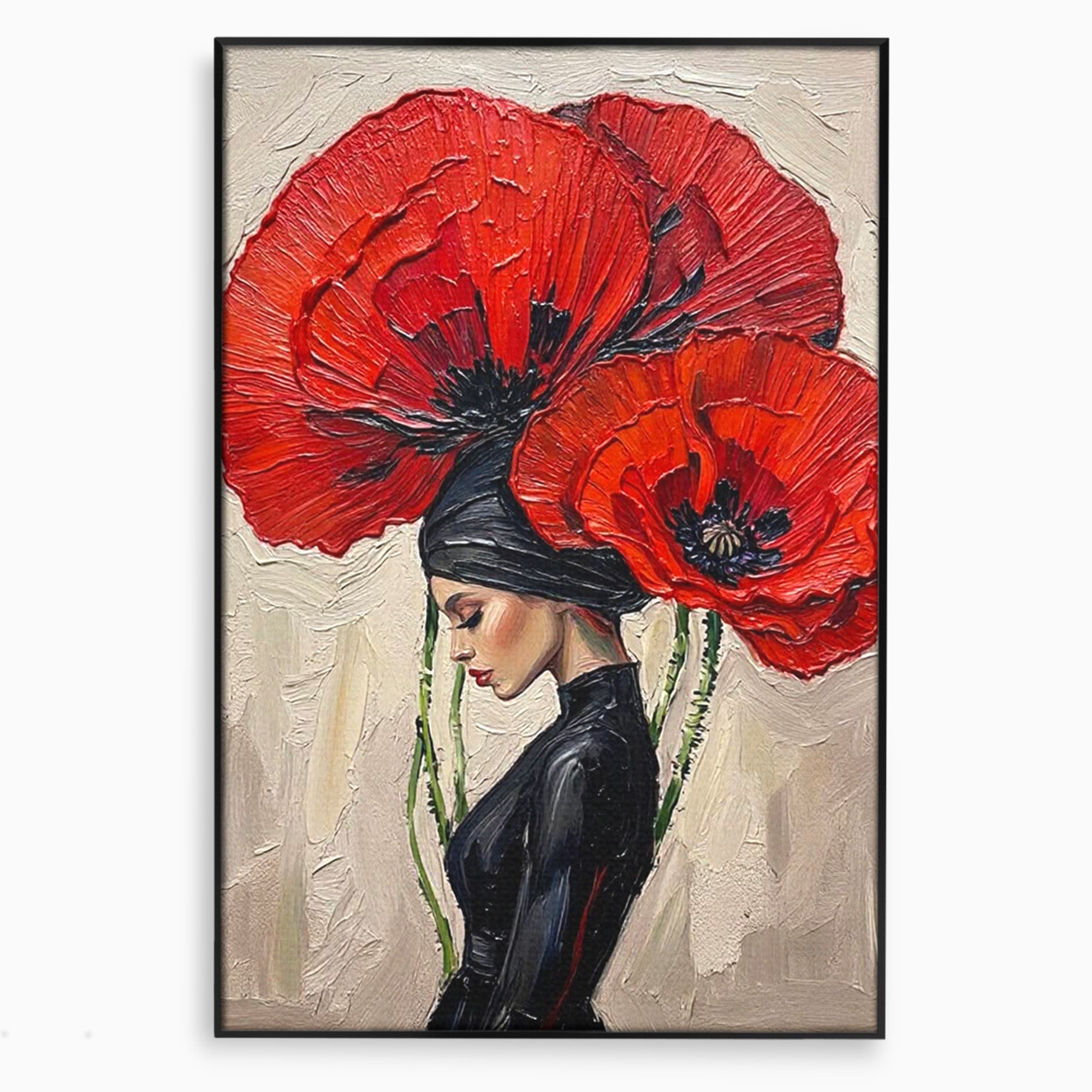 Tablou Canvas Premium LuxCanva® PI1356, Silueta Printre Maci, Femeie, Flori, Buchet, Eleganta, Rosu, Culori Vibrante, Living, Dormitor, Salon