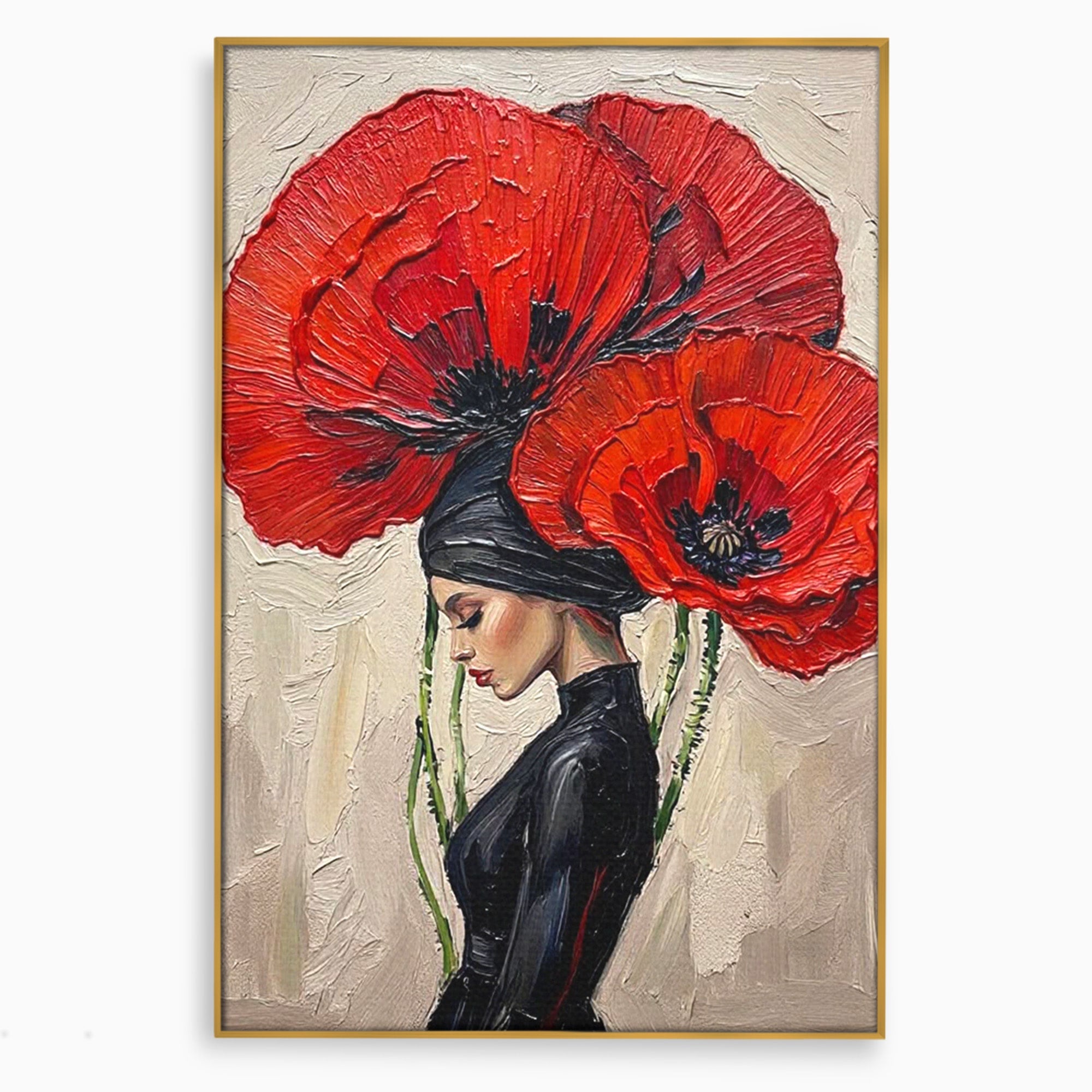 Tablou Canvas Premium LuxCanva® PI1356, Silueta Printre Maci, Femeie, Flori, Buchet, Eleganta, Rosu, Culori Vibrante, Living, Dormitor, Salon