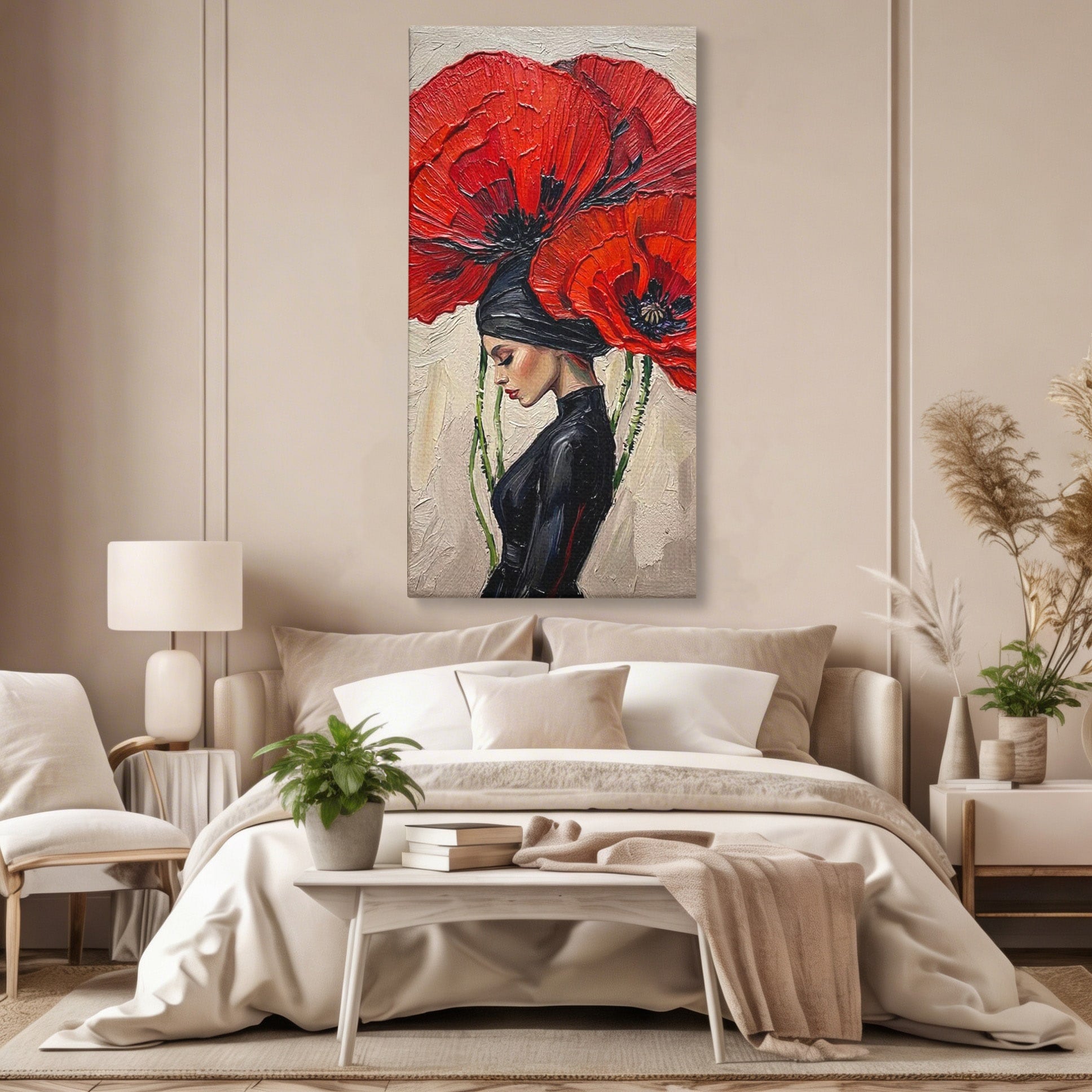 Tablou Canvas Premium LuxCanva® PI1356, Silueta Printre Maci, Femeie, Flori, Buchet, Eleganta, Rosu, Culori Vibrante, Living, Dormitor, Salon