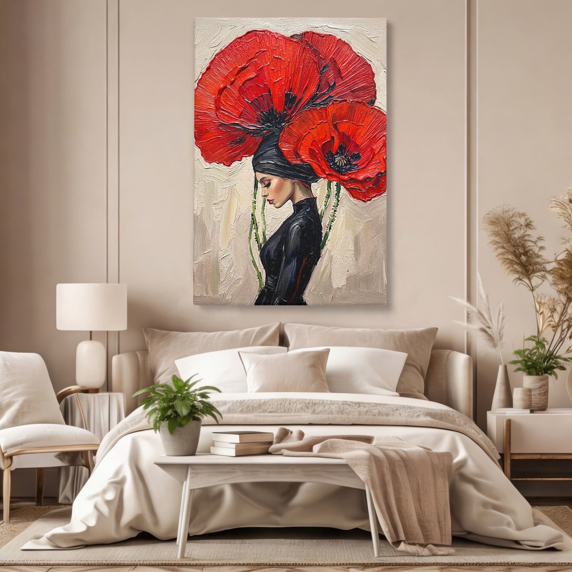 Tablou Canvas Premium LuxCanva® PI1356, Silueta Printre Maci, Femeie, Flori, Buchet, Eleganta, Rosu, Culori Vibrante, Living, Dormitor, Salon