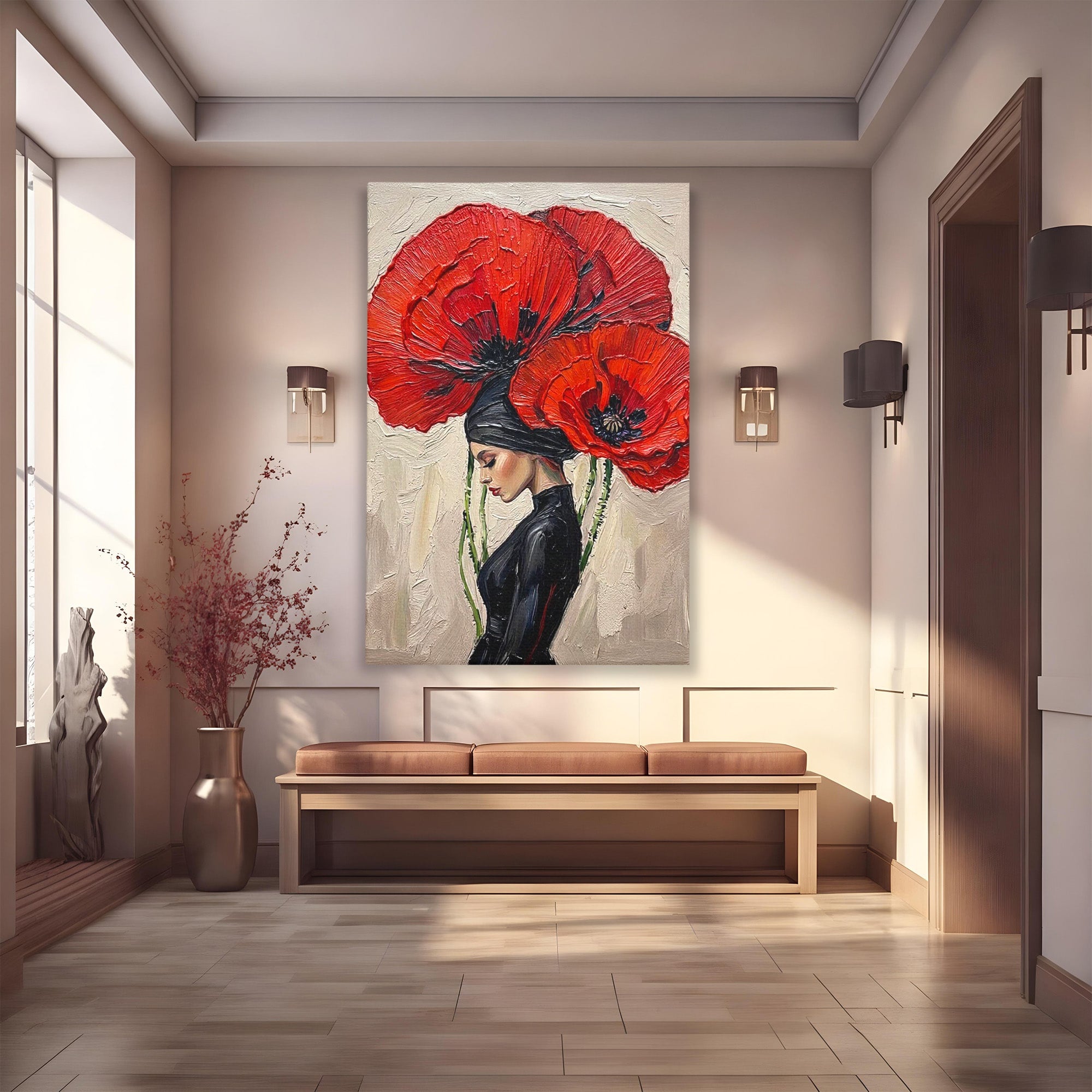 Tablou Canvas Premium LuxCanva® PI1356, Silueta Printre Maci, Femeie, Flori, Buchet, Eleganta, Rosu, Culori Vibrante, Living, Dormitor, Salon
