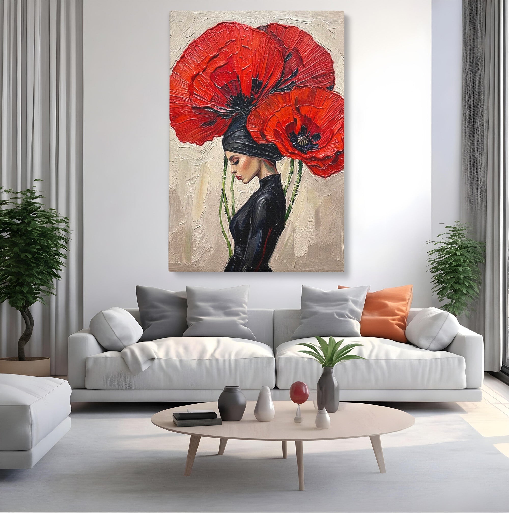Tablou Canvas Premium LuxCanva® PI1356, Silueta Printre Maci, Femeie, Flori, Buchet, Eleganta, Rosu, Culori Vibrante, Living, Dormitor, Salon