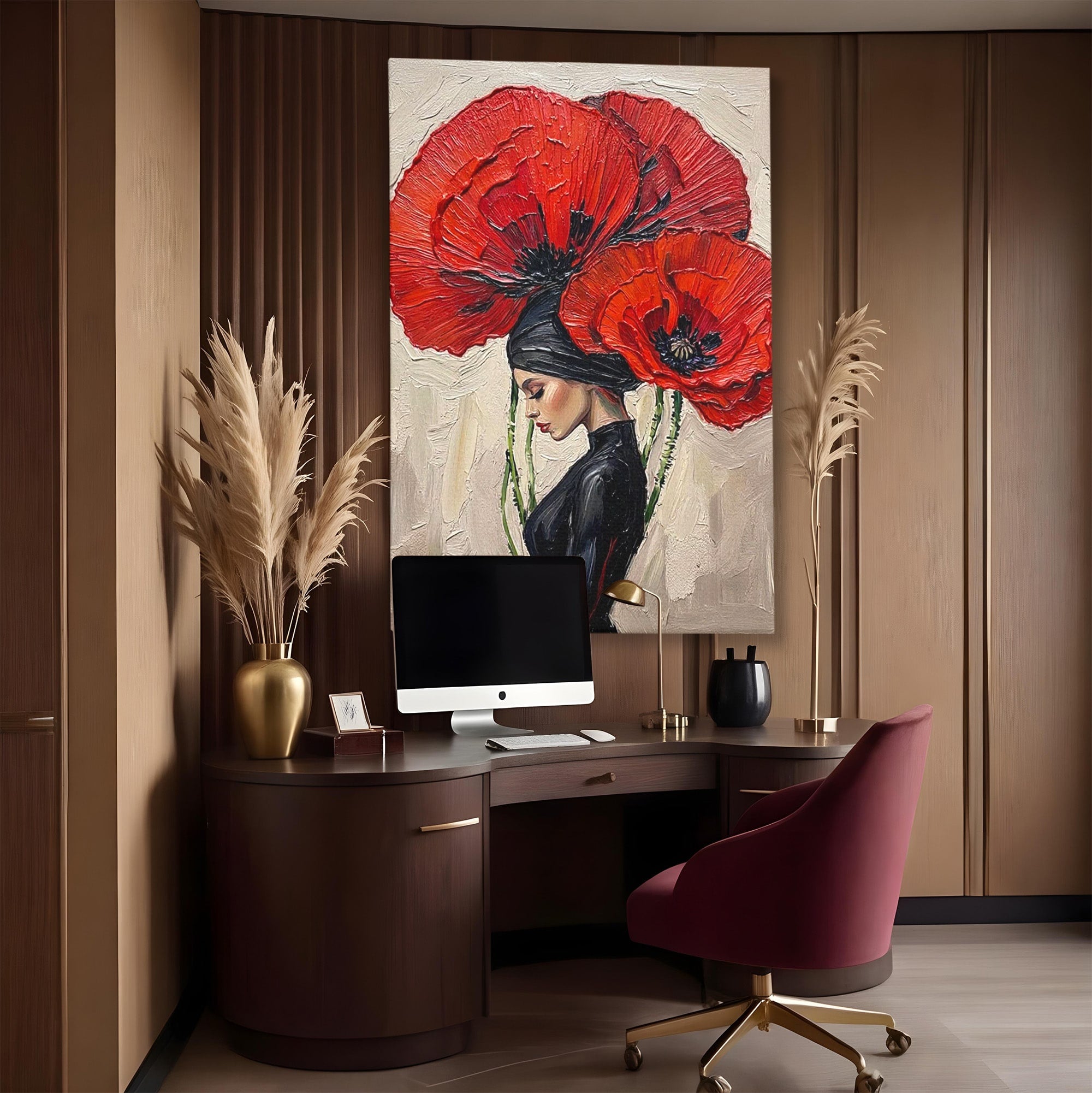 Tablou Canvas Premium LuxCanva® PI1356, Silueta Printre Maci, Femeie, Flori, Buchet, Eleganta, Rosu, Culori Vibrante, Living, Dormitor, Salon
