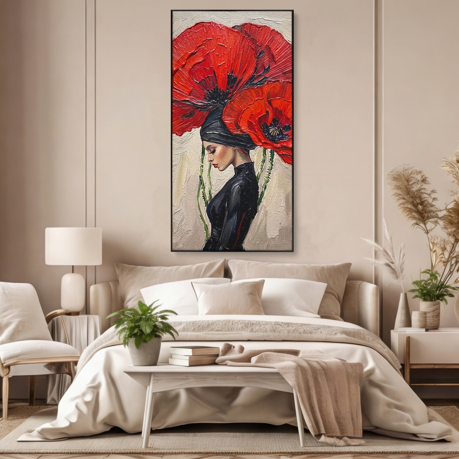 Tablou Canvas Premium LuxCanva® PI1356, Silueta Printre Maci, Femeie, Flori, Buchet, Eleganta, Rosu, Culori Vibrante, Living, Dormitor, Salon