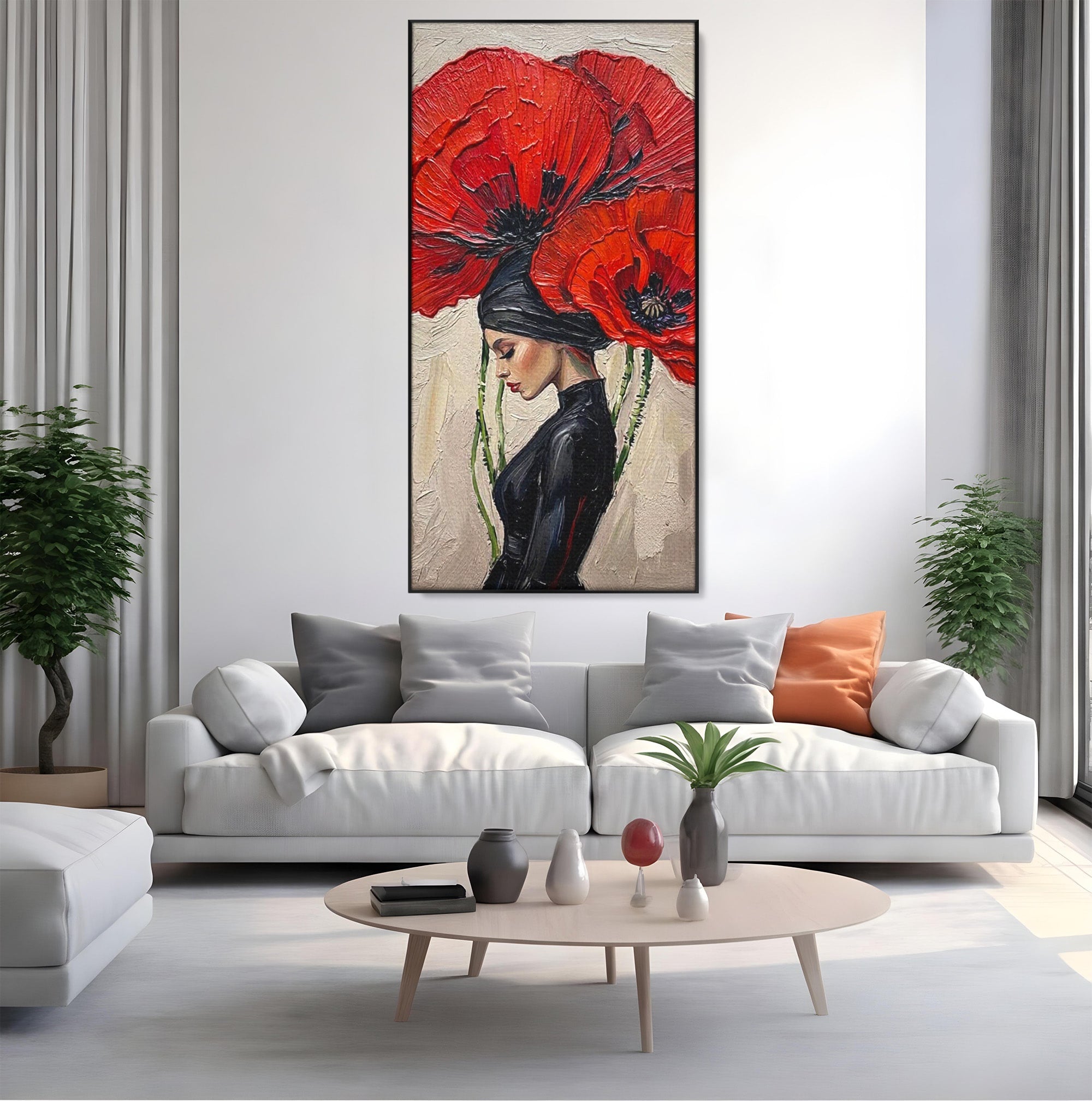 Tablou Canvas Premium LuxCanva® PI1356, Silueta Printre Maci, Femeie, Flori, Buchet, Eleganta, Rosu, Culori Vibrante, Living, Dormitor, Salon
