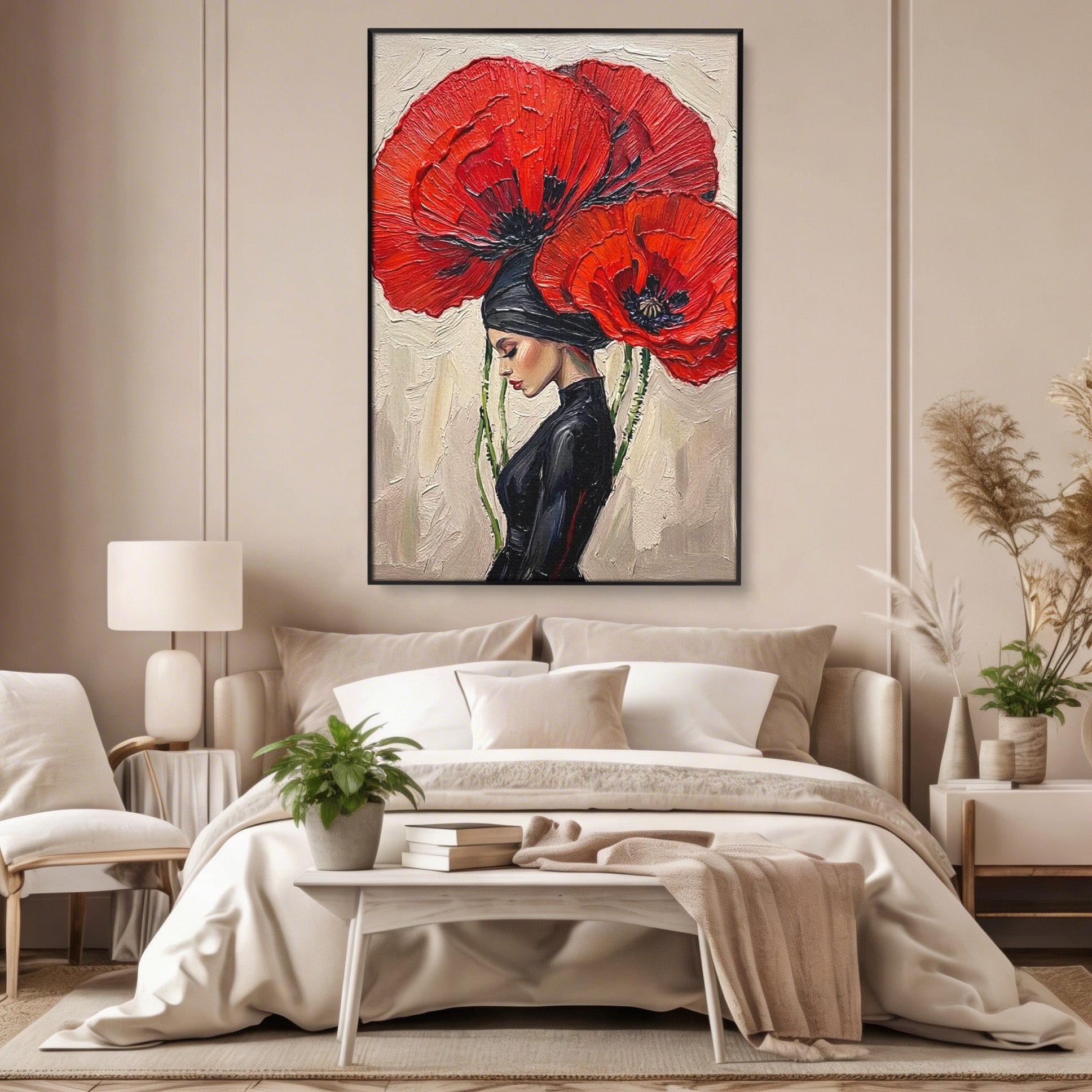 Tablou Canvas Premium LuxCanva® PI1356, Silueta Printre Maci, Femeie, Flori, Buchet, Eleganta, Rosu, Culori Vibrante, Living, Dormitor, Salon