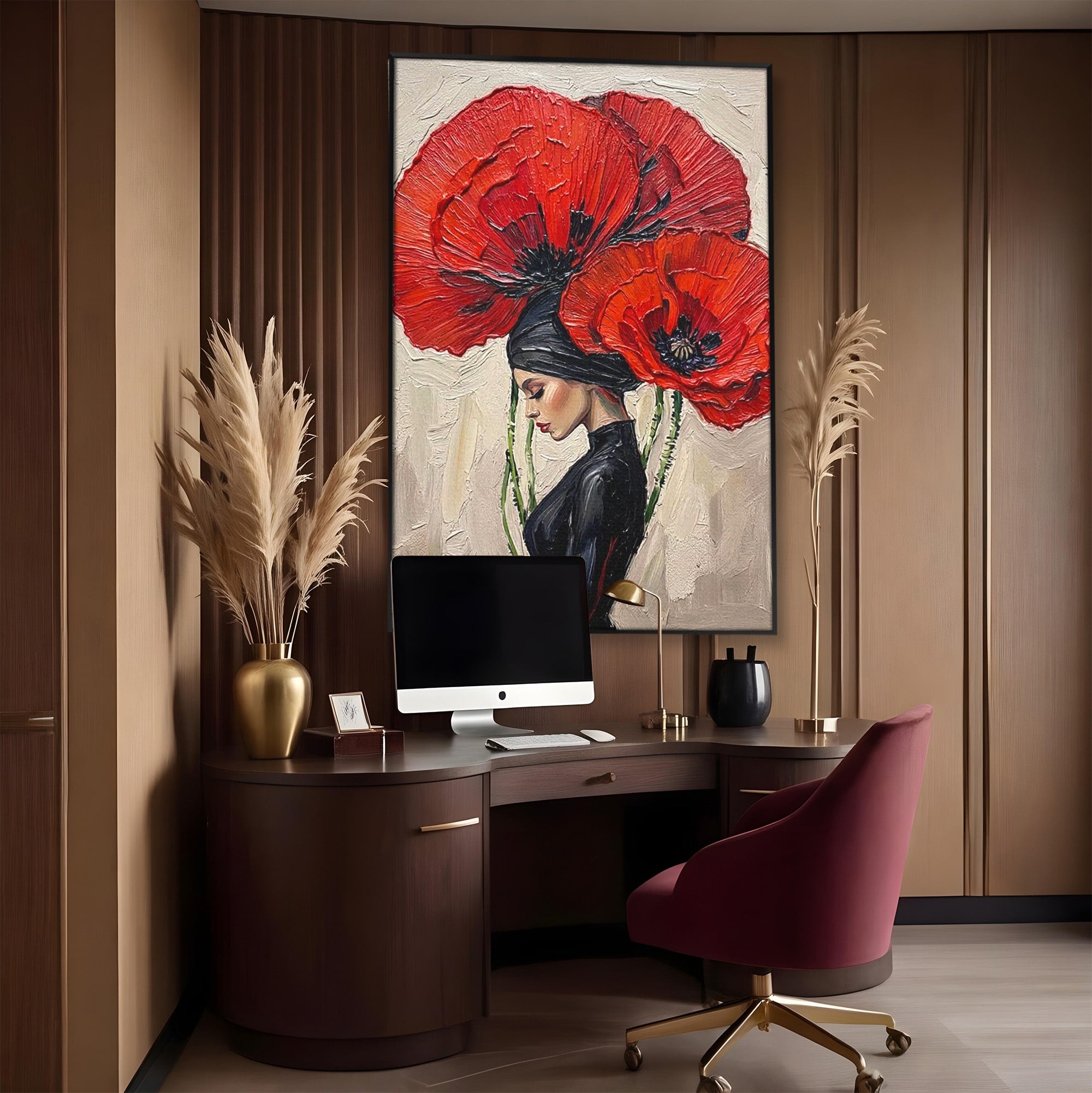 Tablou Canvas Premium LuxCanva® PI1356, Silueta Printre Maci, Femeie, Flori, Buchet, Eleganta, Rosu, Culori Vibrante, Living, Dormitor, Salon