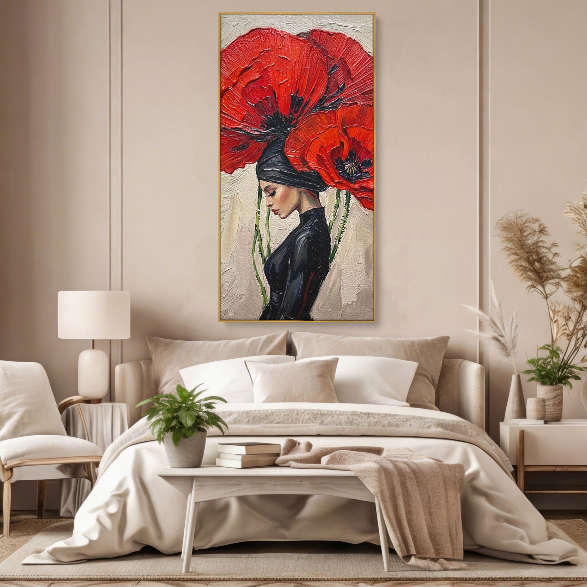 Tablou Canvas Premium LuxCanva® PI1356, Silueta Printre Maci, Femeie, Flori, Buchet, Eleganta, Rosu, Culori Vibrante, Living, Dormitor, Salon