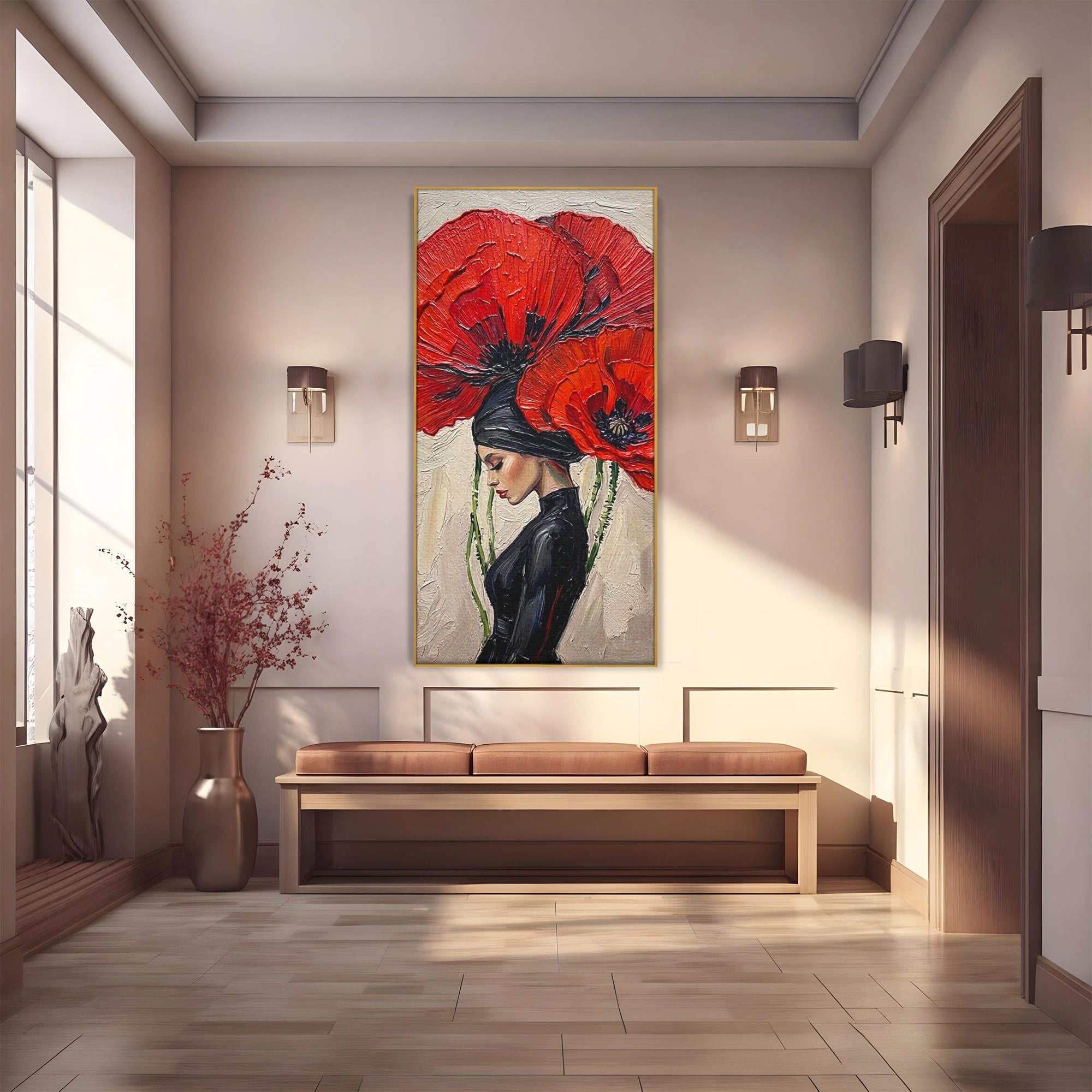 Tablou Canvas Premium LuxCanva® PI1356, Silueta Printre Maci, Femeie, Flori, Buchet, Eleganta, Rosu, Culori Vibrante, Living, Dormitor, Salon