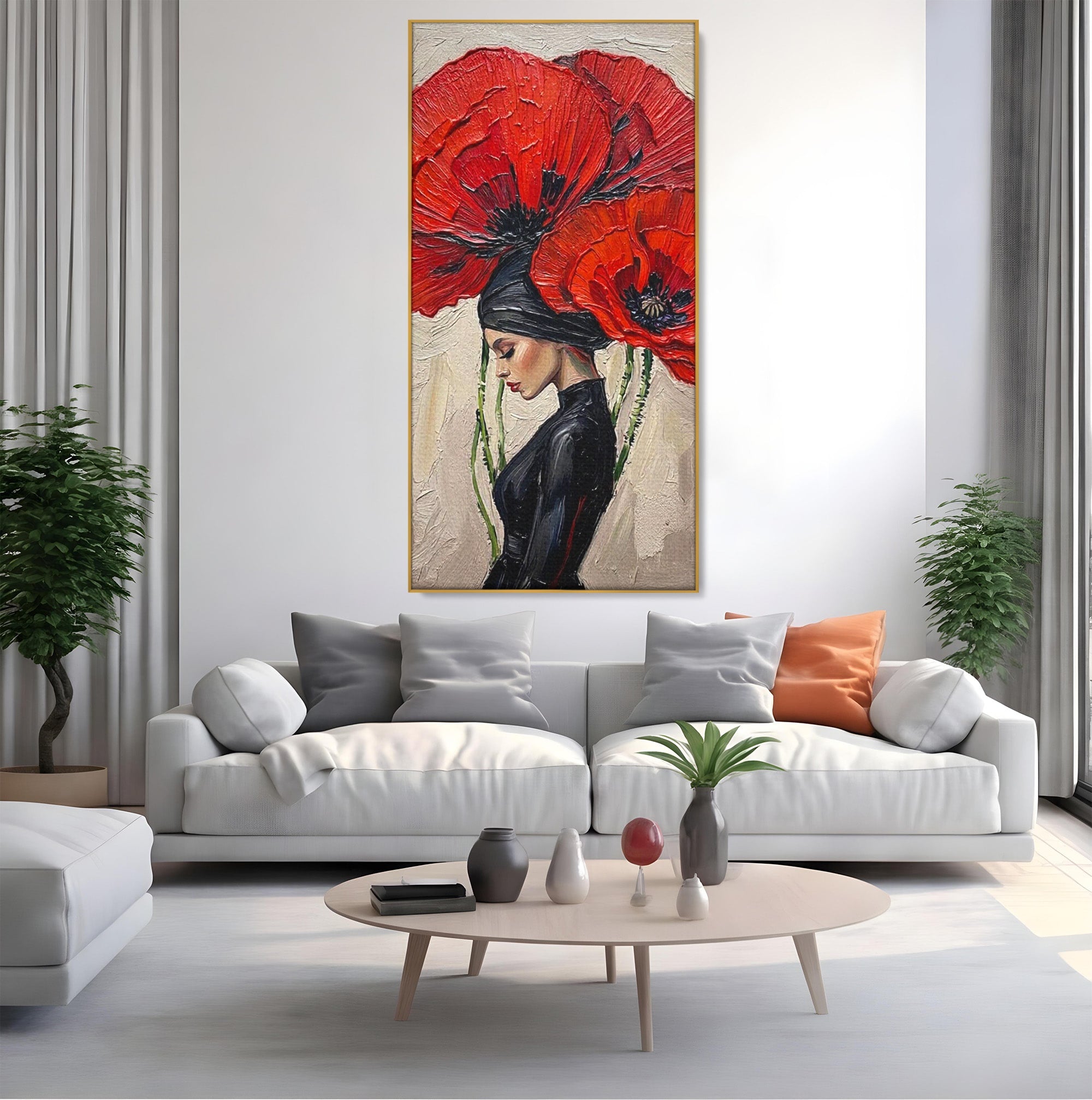 Tablou Canvas Premium LuxCanva® PI1356, Silueta Printre Maci, Femeie, Flori, Buchet, Eleganta, Rosu, Culori Vibrante, Living, Dormitor, Salon