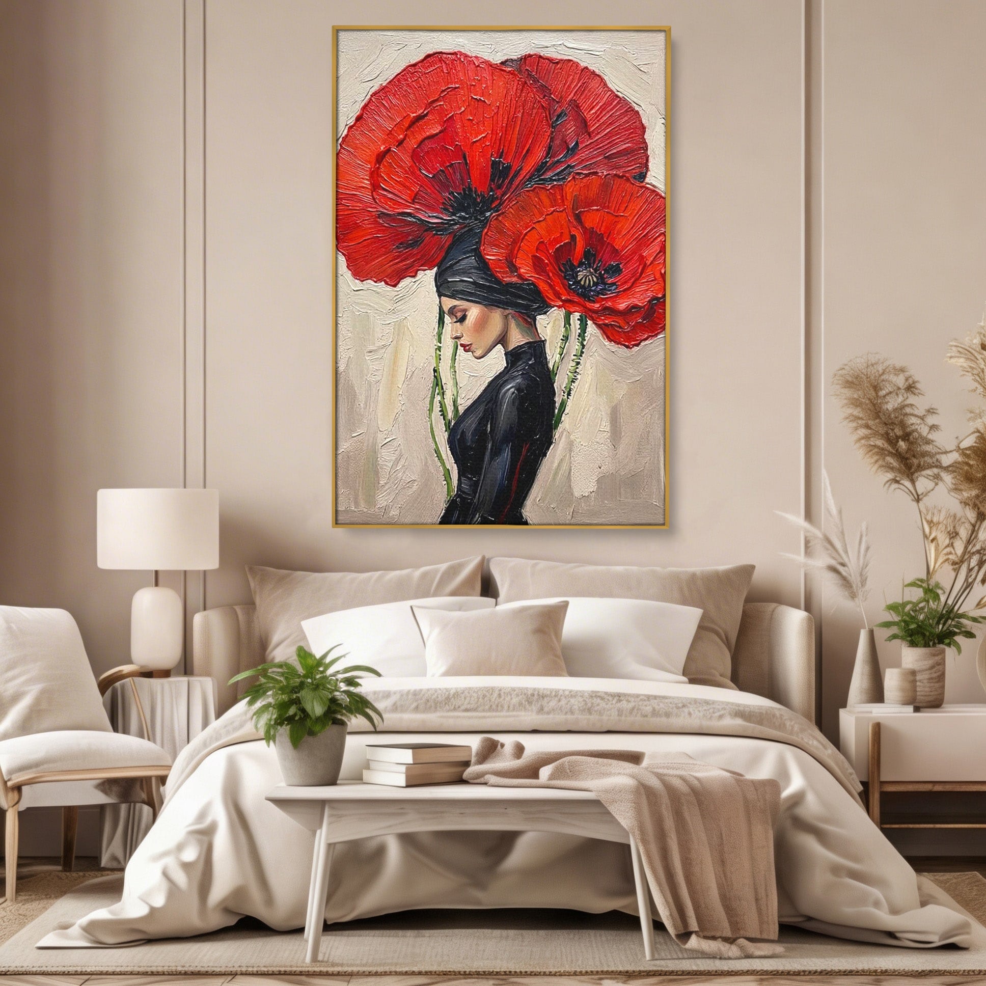 Tablou Canvas Premium LuxCanva® PI1356, Silueta Printre Maci, Femeie, Flori, Buchet, Eleganta, Rosu, Culori Vibrante, Living, Dormitor, Salon