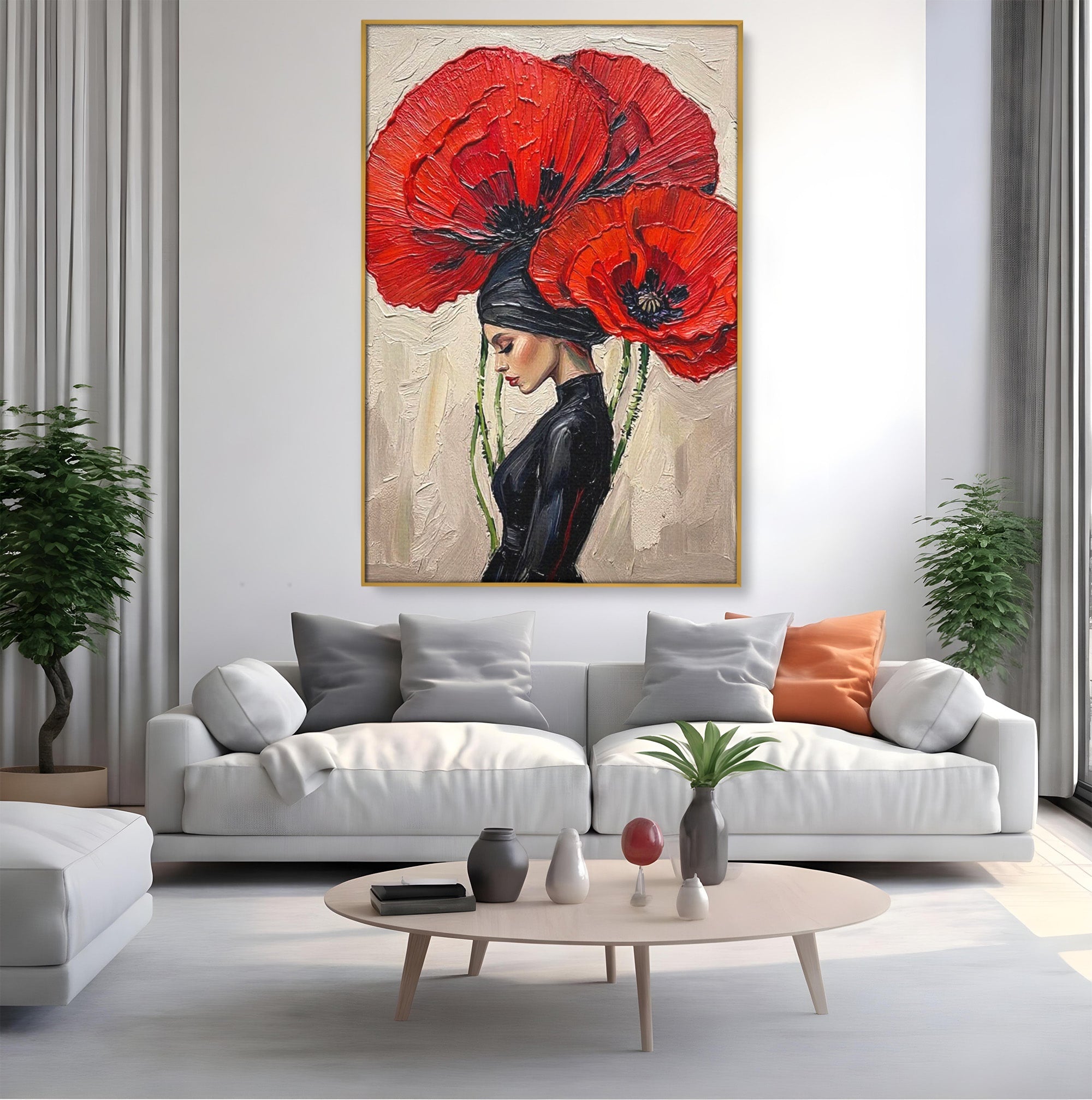 Tablou Canvas Premium LuxCanva® PI1356, Silueta Printre Maci, Femeie, Flori, Buchet, Eleganta, Rosu, Culori Vibrante, Living, Dormitor, Salon
