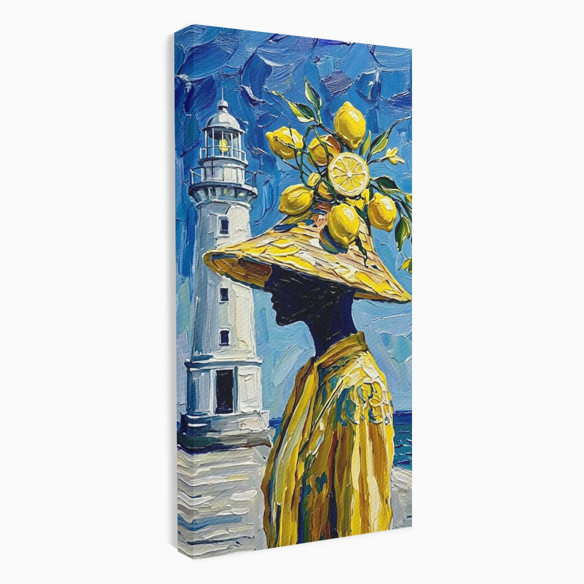 Tablou Canvas Premium LuxCanva® PI1357, Lamai sub Cerul Albastru, Femeie, Lamai, Far, Mare, Palarie, Amalfi, Culori Vibrante, Living, Dormitor, Bucatarie