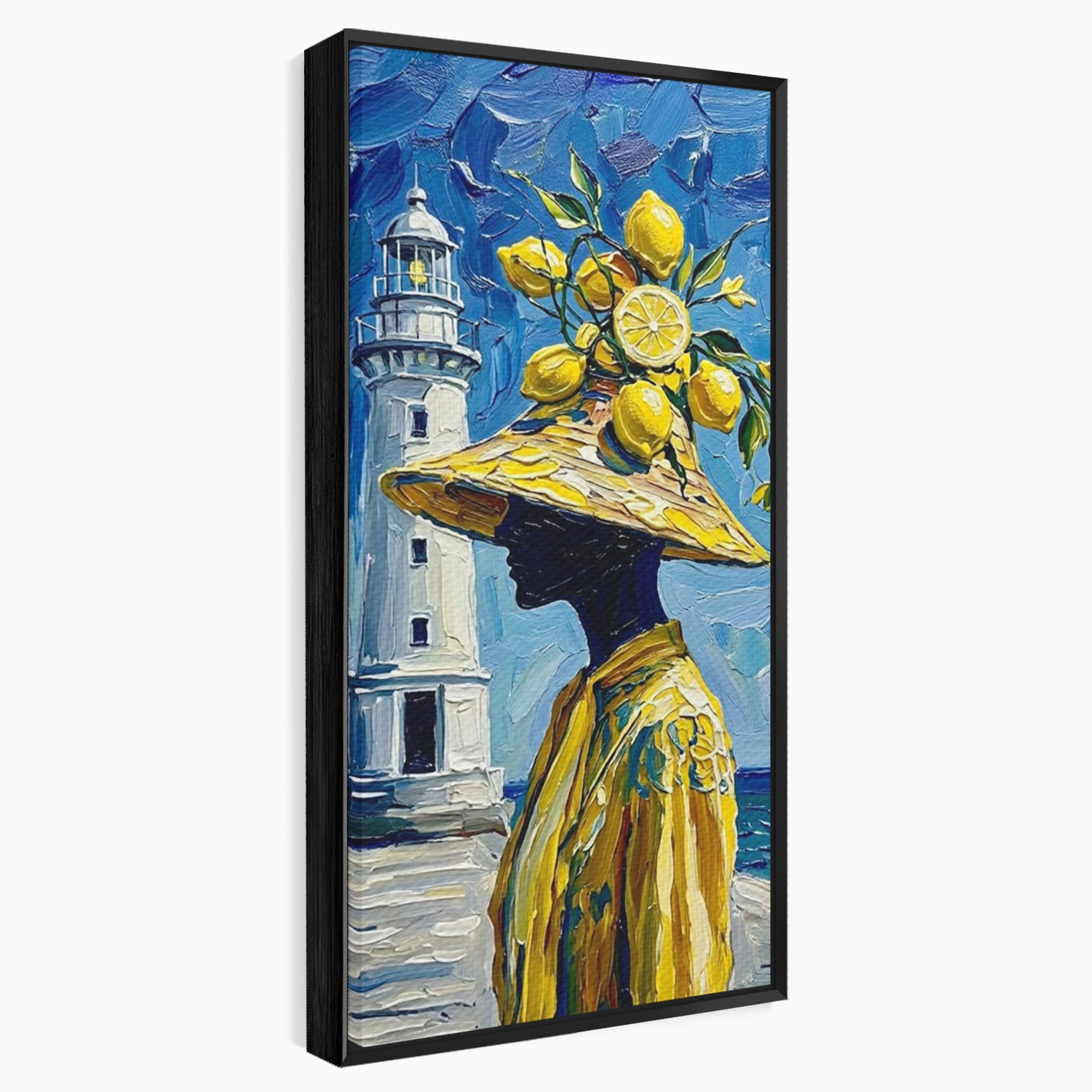 Tablou Canvas Premium LuxCanva® PI1357, Lamai sub Cerul Albastru, Femeie, Lamai, Far, Mare, Palarie, Amalfi, Culori Vibrante, Living, Dormitor, Bucatarie