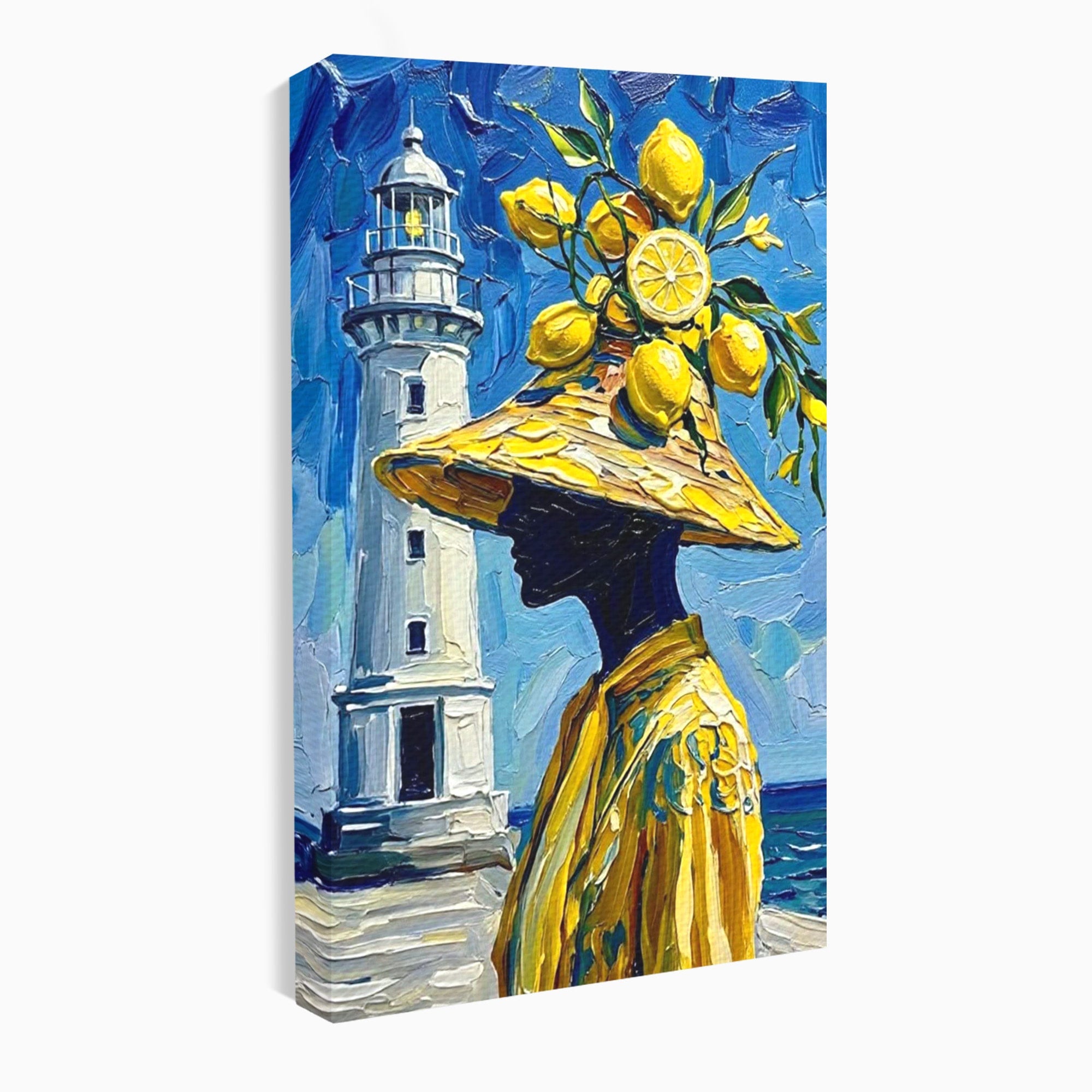 Tablou Canvas Premium LuxCanva® PI1357, Lamai sub Cerul Albastru, Femeie, Lamai, Far, Mare, Palarie, Amalfi, Culori Vibrante, Living, Dormitor, Bucatarie