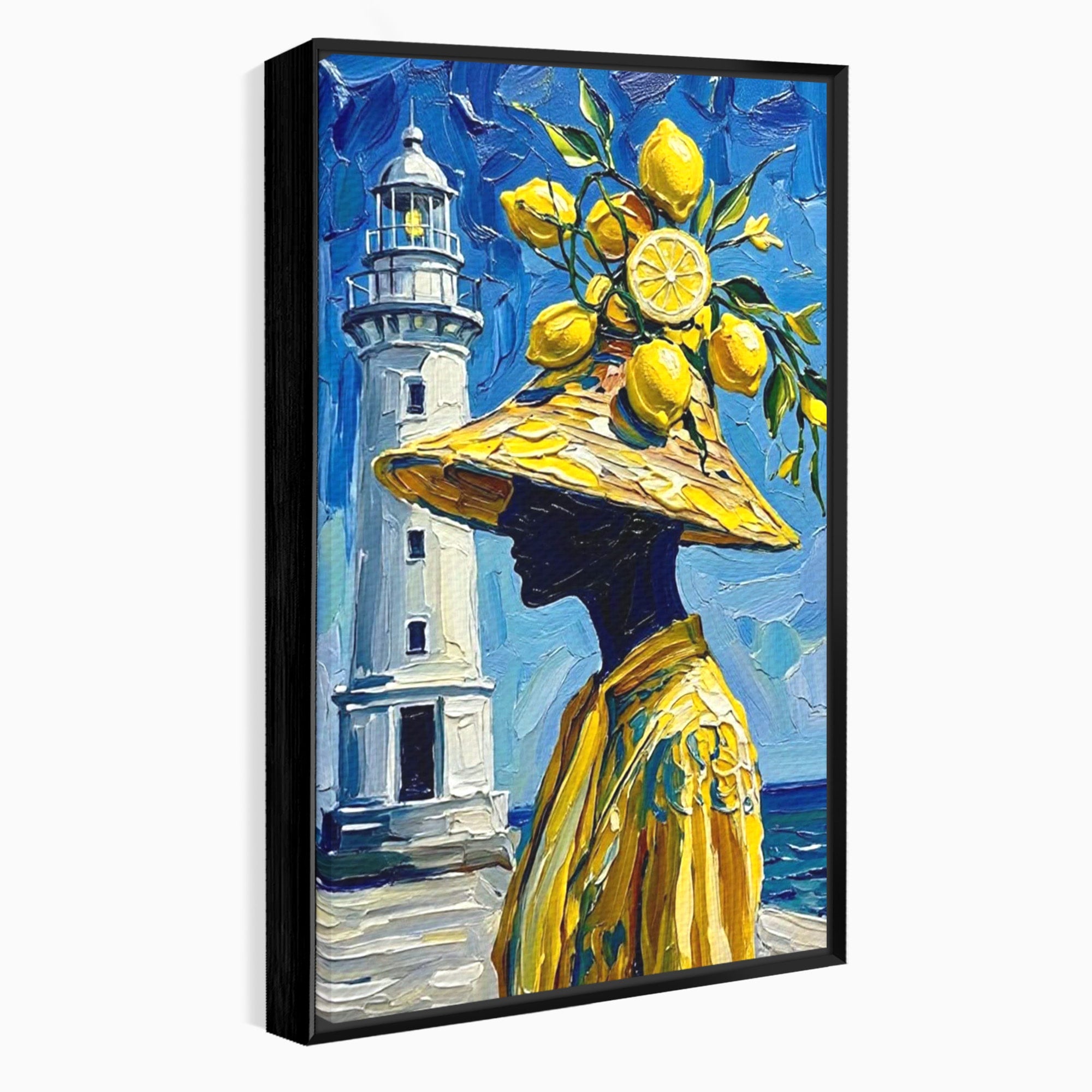 Tablou Canvas Premium LuxCanva® PI1357, Lamai sub Cerul Albastru, Femeie, Lamai, Far, Mare, Palarie, Amalfi, Culori Vibrante, Living, Dormitor, Bucatarie