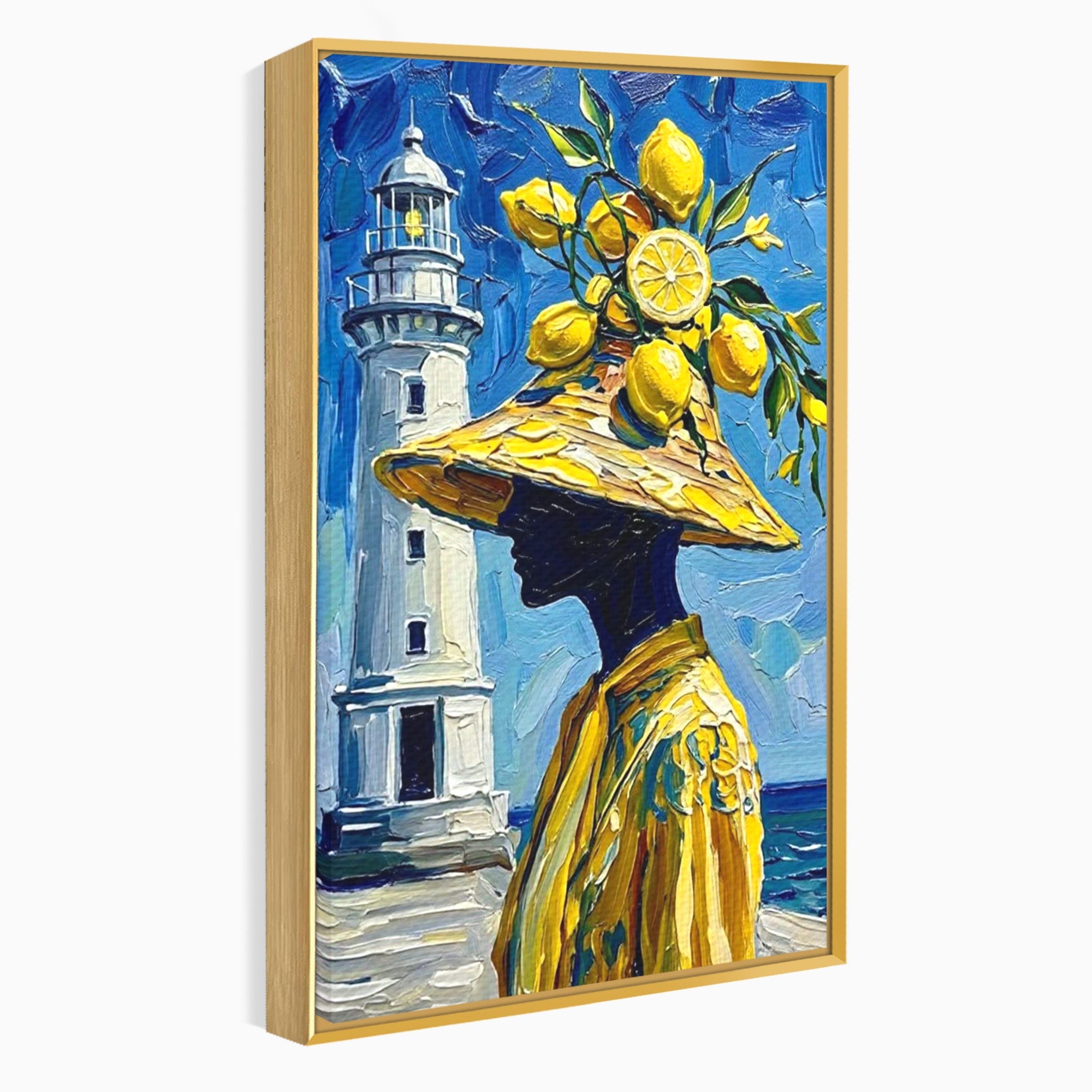 Tablou Canvas Premium LuxCanva® PI1357, Lamai sub Cerul Albastru, Femeie, Lamai, Far, Mare, Palarie, Amalfi, Culori Vibrante, Living, Dormitor, Bucatarie