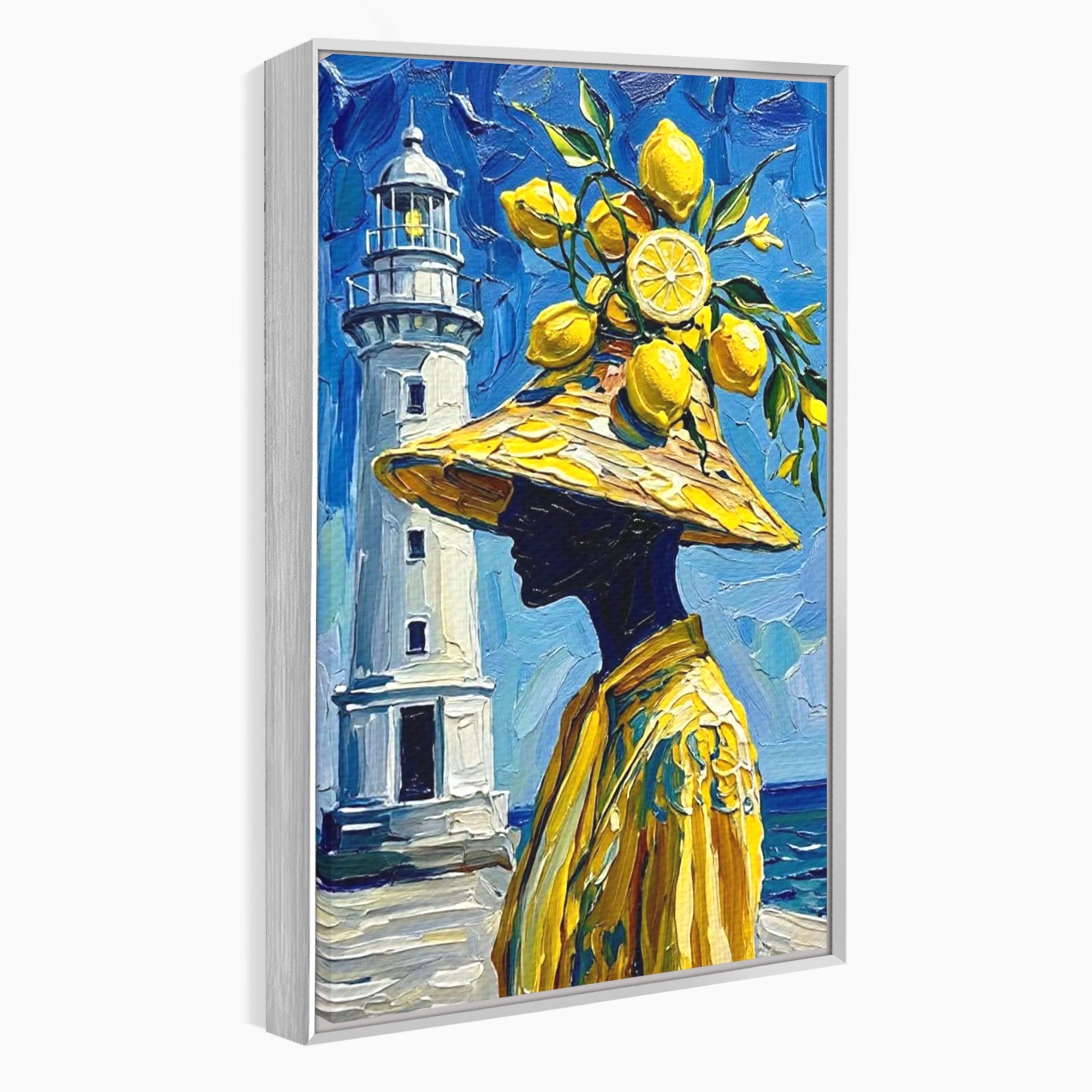 Tablou Canvas Premium LuxCanva® PI1357, Lamai sub Cerul Albastru, Femeie, Lamai, Far, Mare, Palarie, Amalfi, Culori Vibrante, Living, Dormitor, Bucatarie