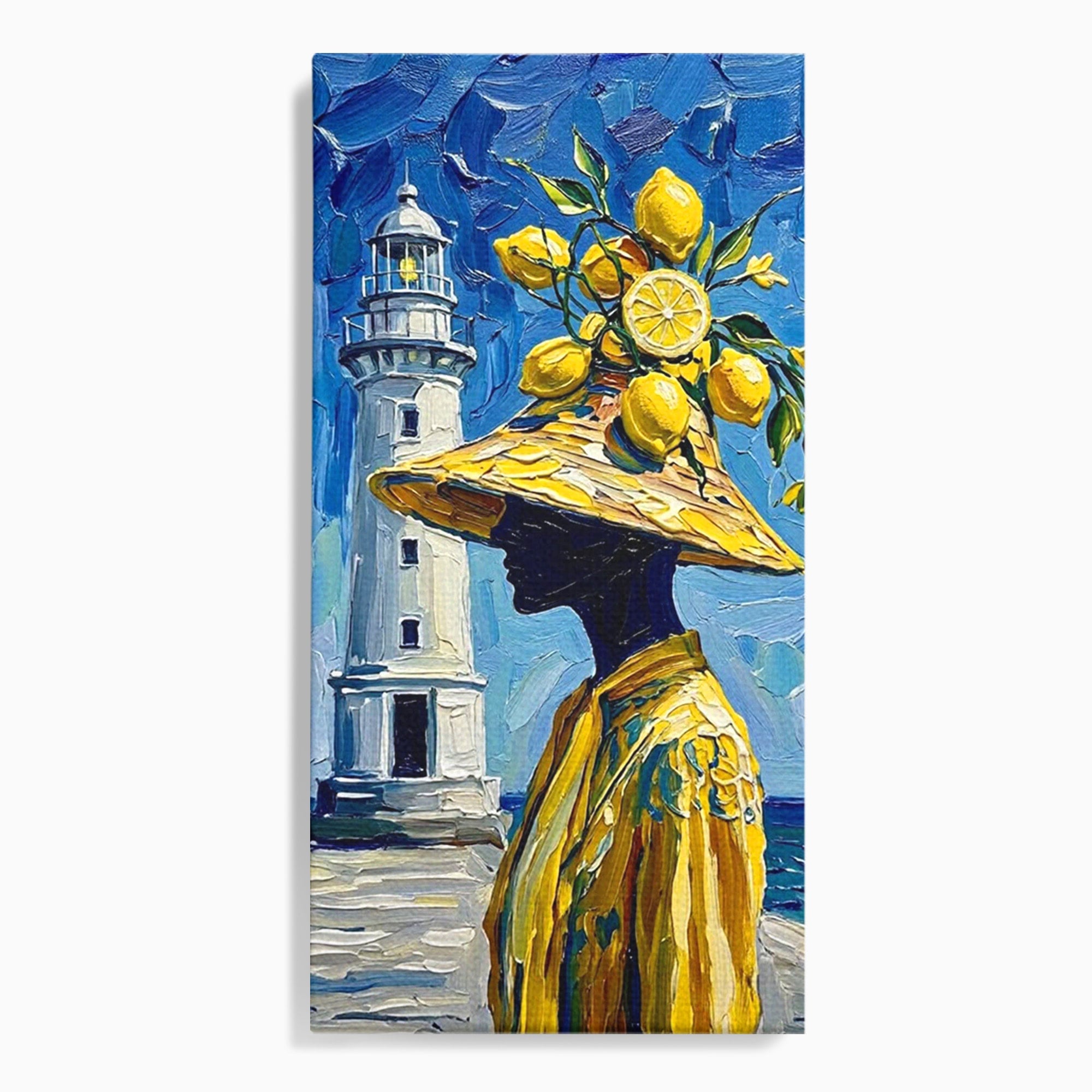 Tablou Canvas Premium LuxCanva® PI1357, Lamai sub Cerul Albastru, Femeie, Lamai, Far, Mare, Palarie, Amalfi, Culori Vibrante, Living, Dormitor, Bucatarie