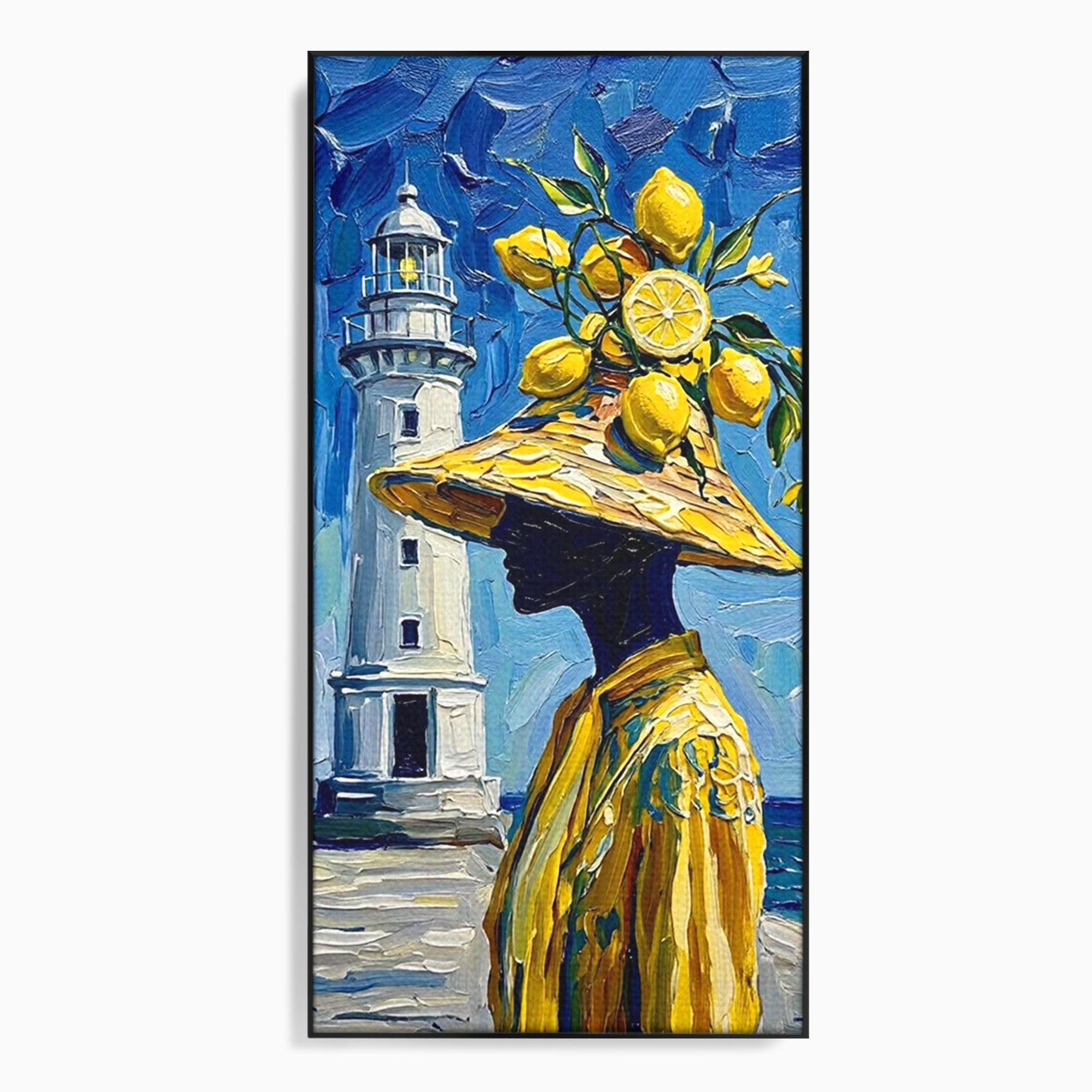 Tablou Canvas Premium LuxCanva® PI1357, Lamai sub Cerul Albastru, Femeie, Lamai, Far, Mare, Palarie, Amalfi, Culori Vibrante, Living, Dormitor, Bucatarie