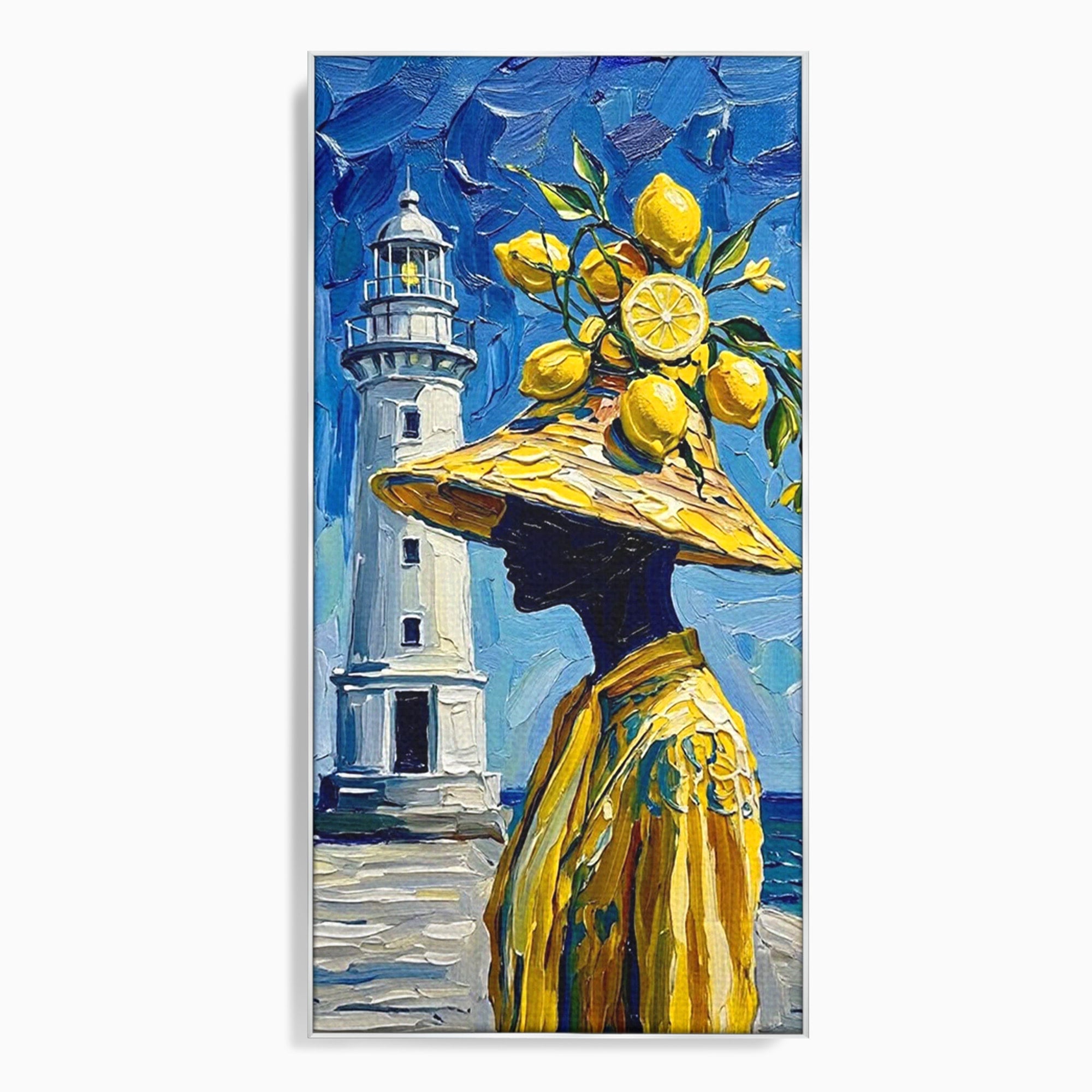 Tablou Canvas Premium LuxCanva® PI1357, Lamai sub Cerul Albastru, Femeie, Lamai, Far, Mare, Palarie, Amalfi, Culori Vibrante, Living, Dormitor, Bucatarie